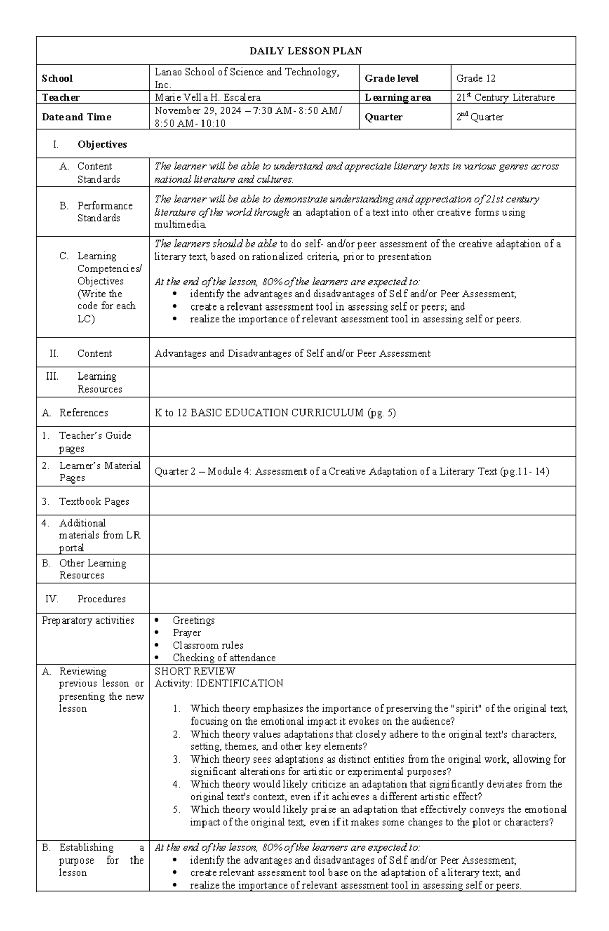 DLP: Daily Lesson Plan for Grade 12 21st Century Literature - Nov 29 ...