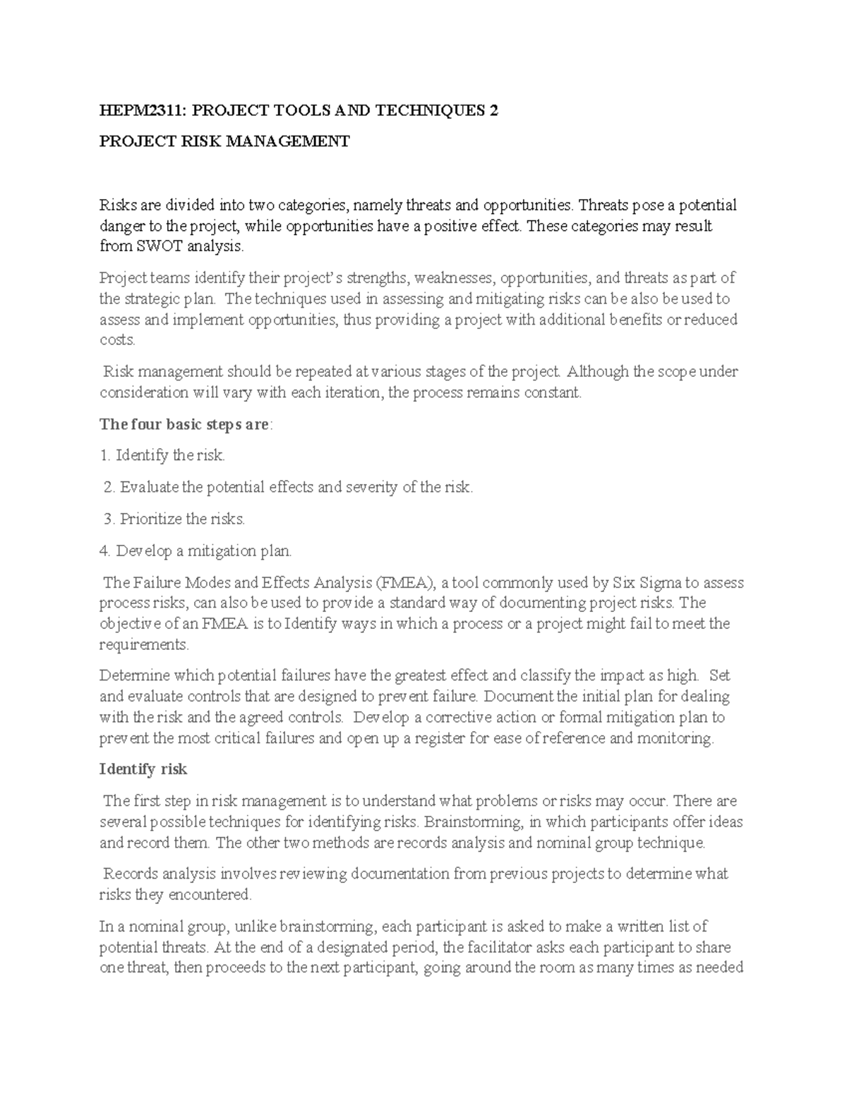 HEPM2311: Project Risk Management Tools and Techniques Overview - Studocu