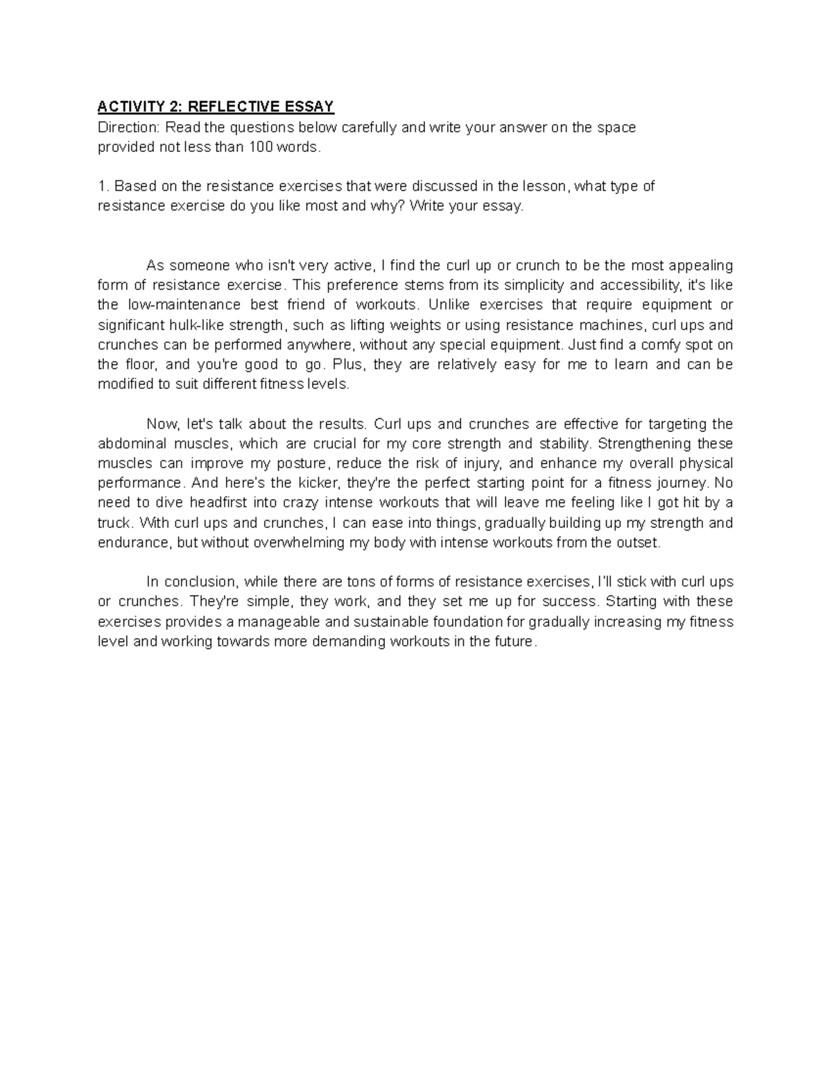 Reflective Essay on Resistance Exercises - Personal Insights and ...
