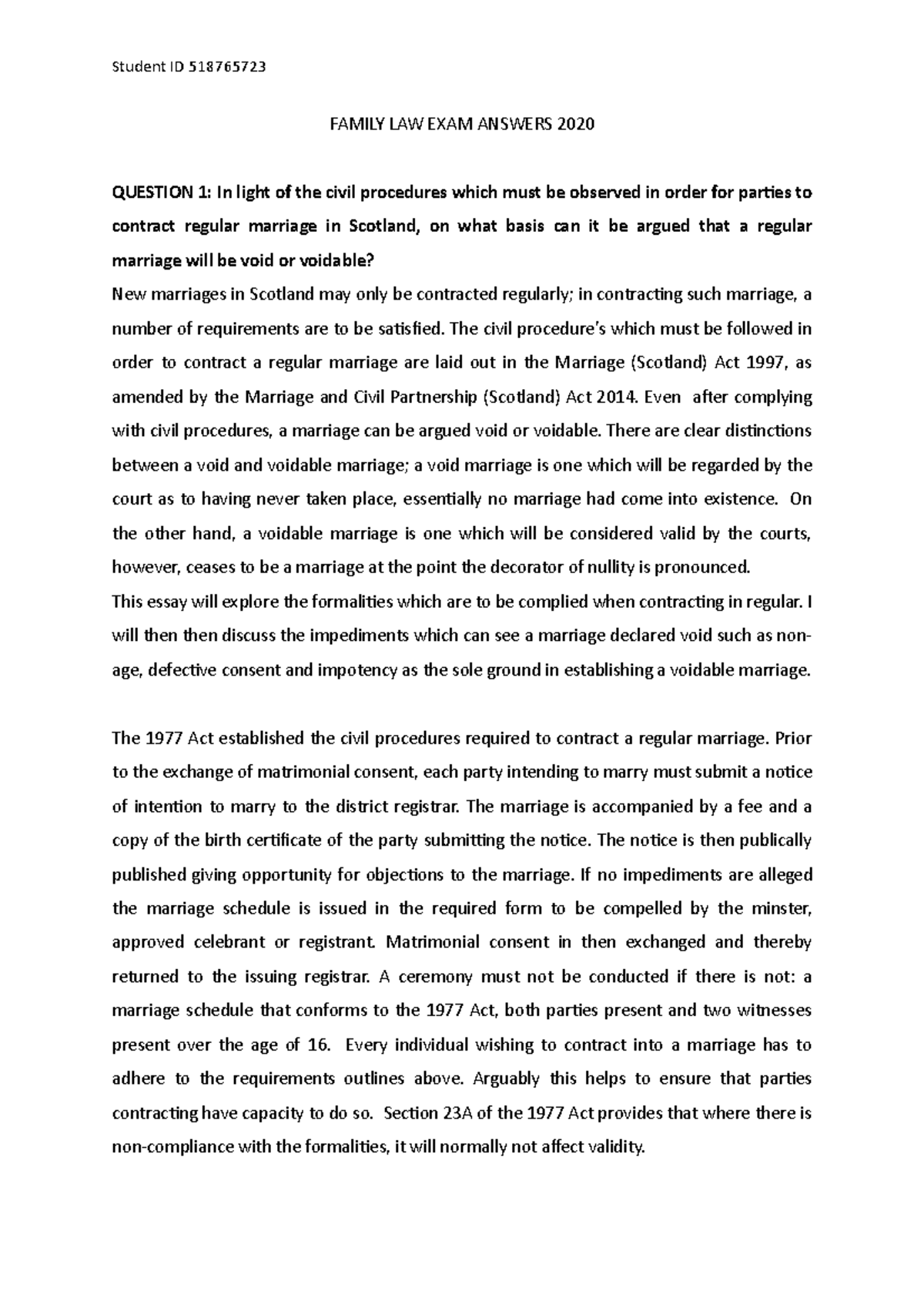 Family Law Exam Answers - Key Topics and Insights 2020 - Studocu