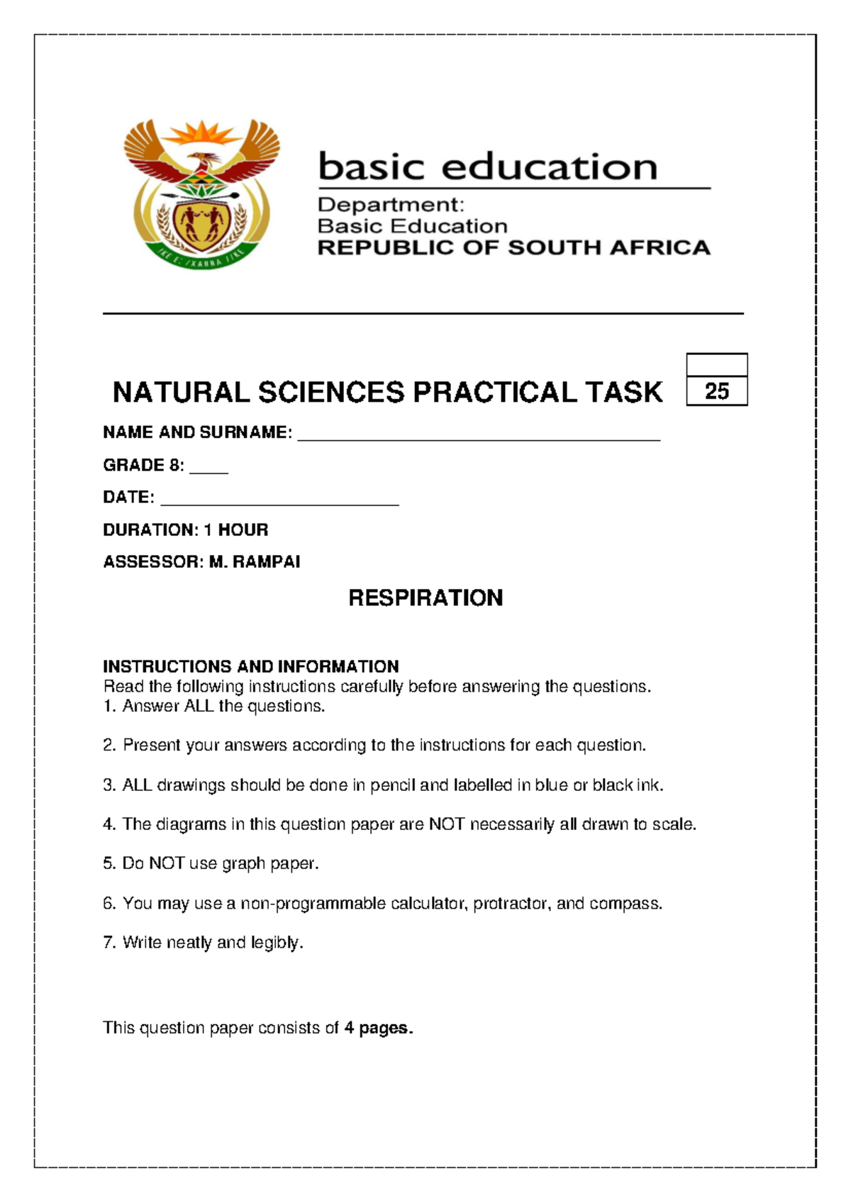 Grade 8 Natural Sciences Practical Task: Respiration Experiment 2023 ...