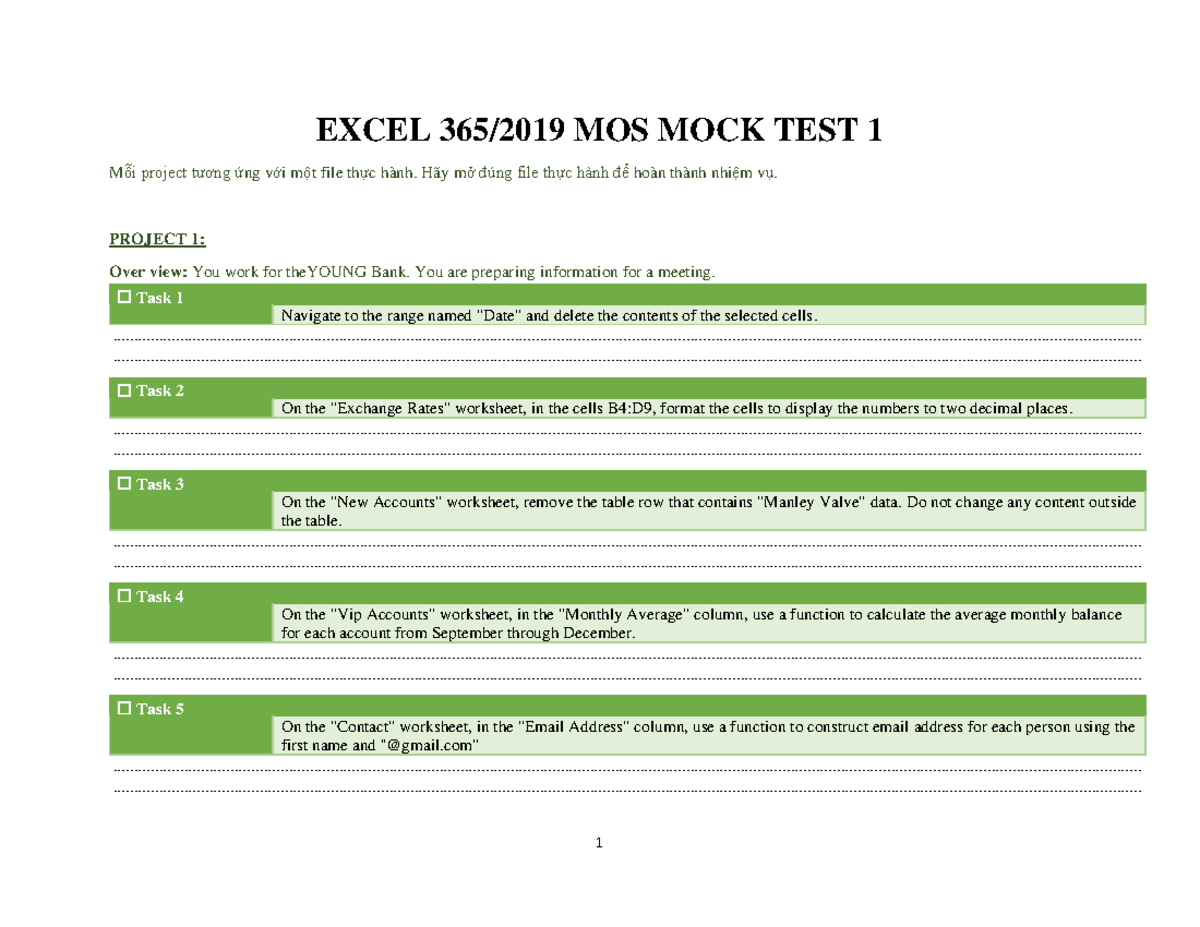[Excel 365-2019] MOS Mock Test 1: Practical Projects Overview - Studocu