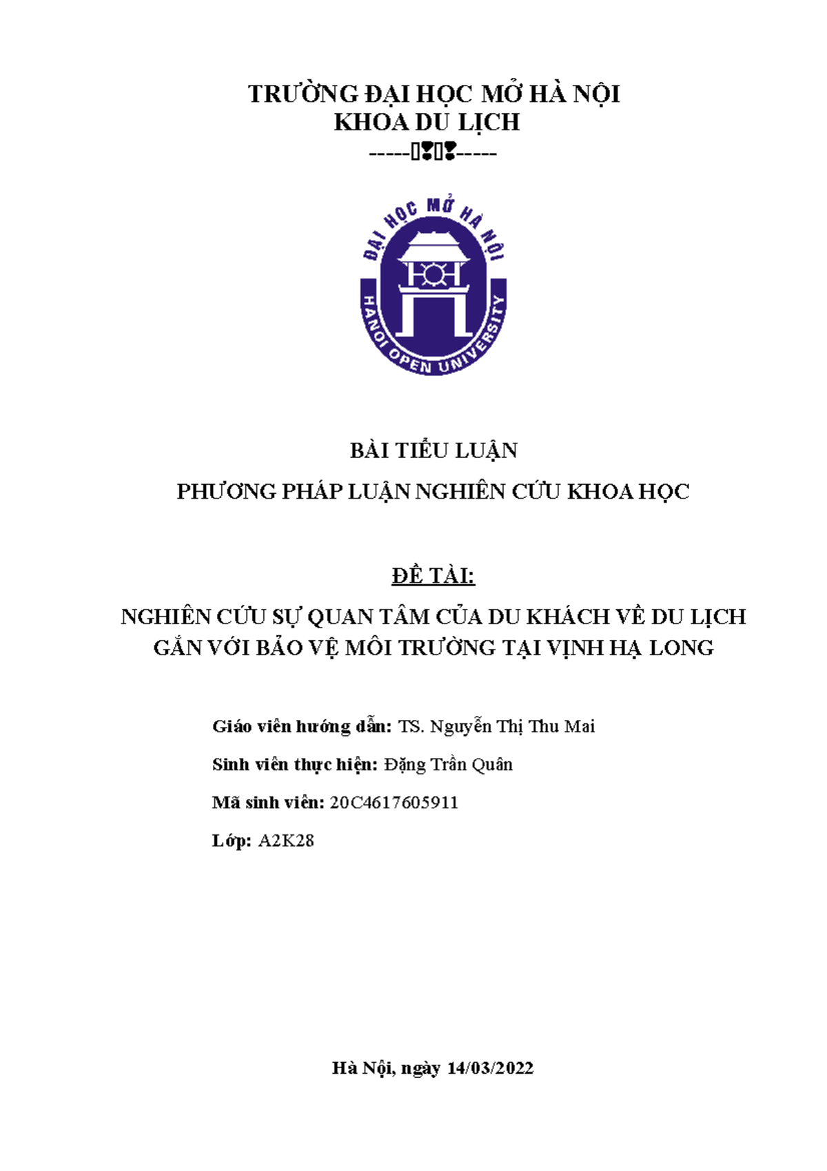 Đề Tài Nghiên Cứu Khoa Học: Du Khách & Bảo Vệ Môi Trường Tại Vịnh Hạ Long - Document Preview