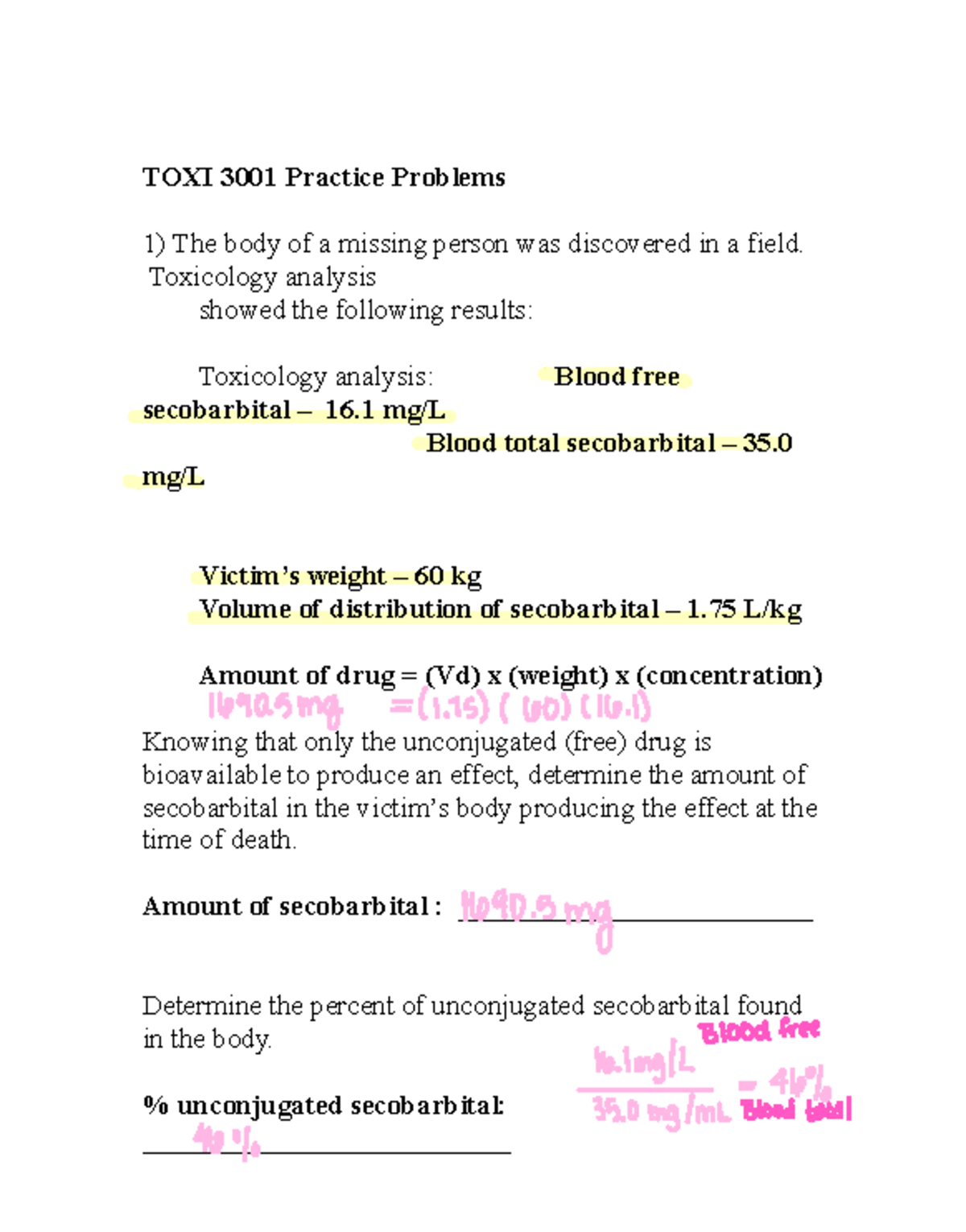 TOXI 3001 Final Exam Practice Problems on Toxicology Analysis - Studocu