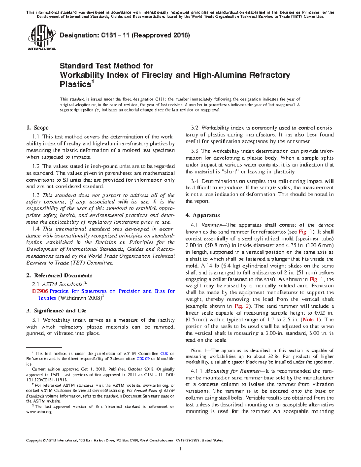 ASTM C181-2011 (R2018) Standard Test Method for Workability Index - Studocu
