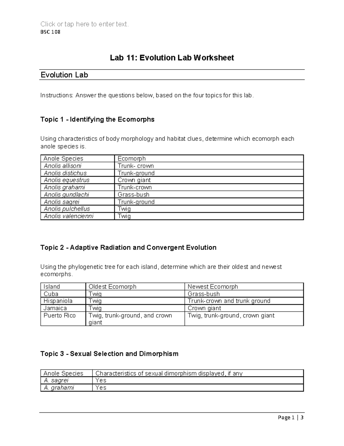 BSC 108 Lab 11: Evolution Lab Worksheet and Journal - Studocu