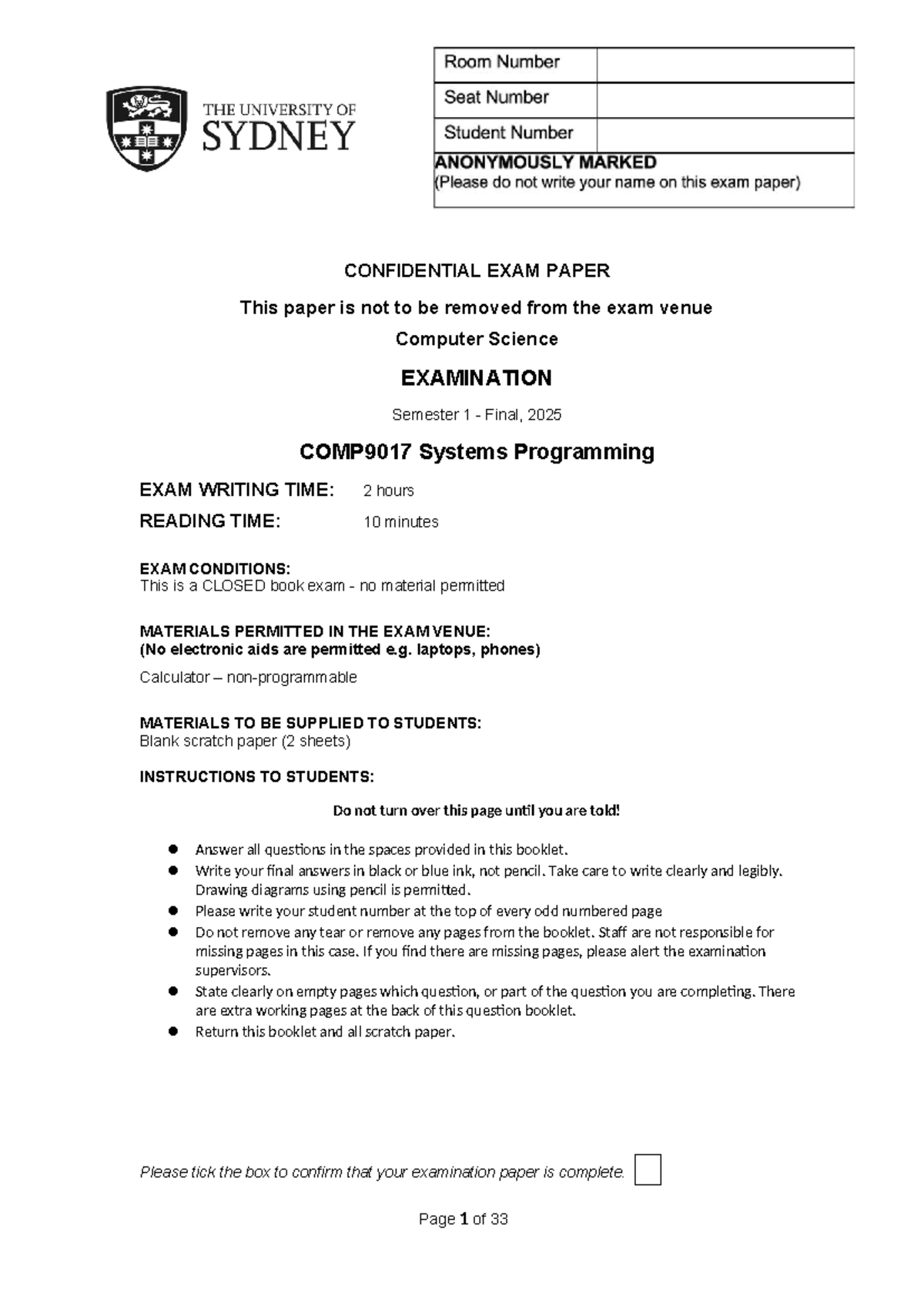 COMP9017 Systems Programming Semester 1 Final Exam Paper 2025 - Studocu