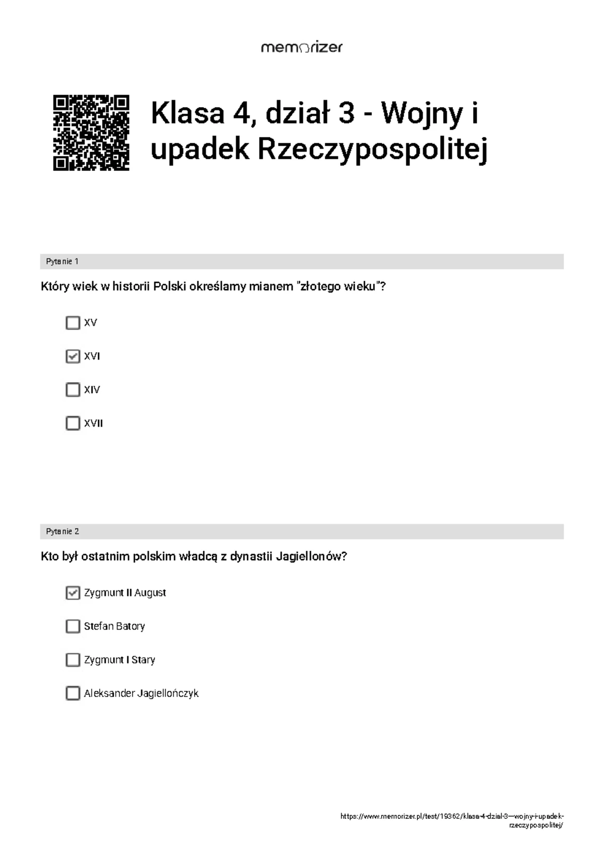 Klasa 4 - Dział 3: Wojny i Upadek Rzeczypospolitej - Pytania Prüfungen