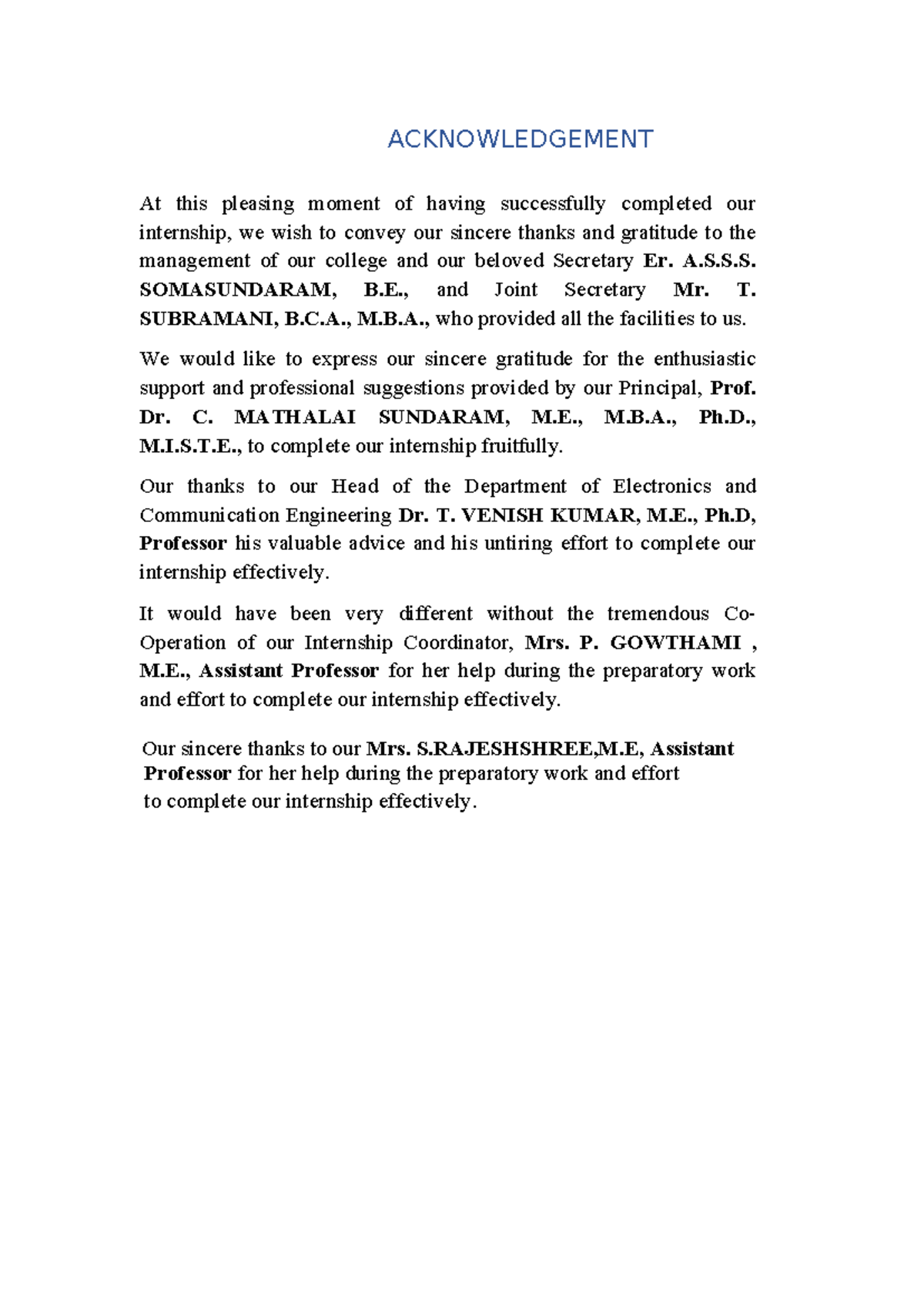 Acknowledgement of Internship Support - ECE Department - Studocu