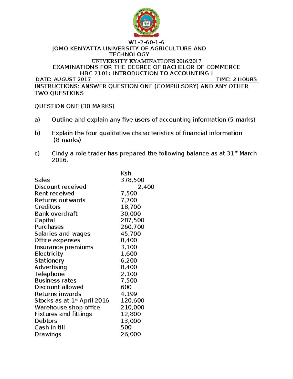 HBC 2101 Introduction TO Accounting I - W1-2-60-1- JOMO KENYATTA ...