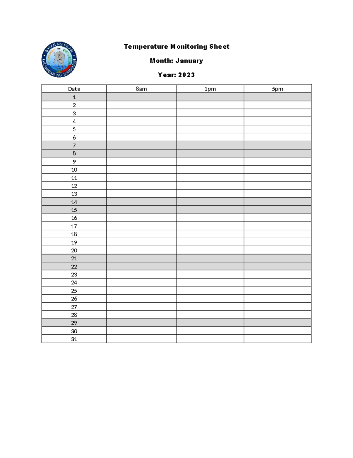 Temperature Monitoring Sheet for Lab Room: Jan 2023 - Aug 2024 - Studocu