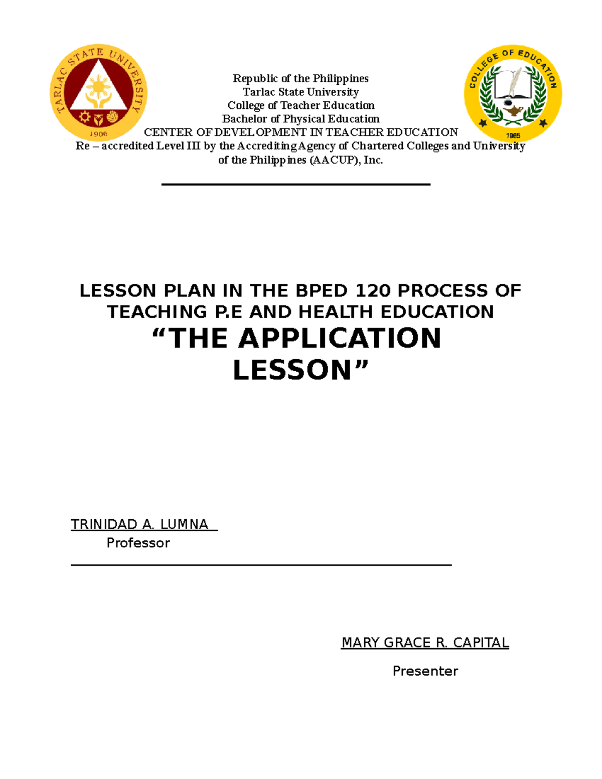 BPED-120 Lesson Plan: Application in P.E and Health Education - Studocu