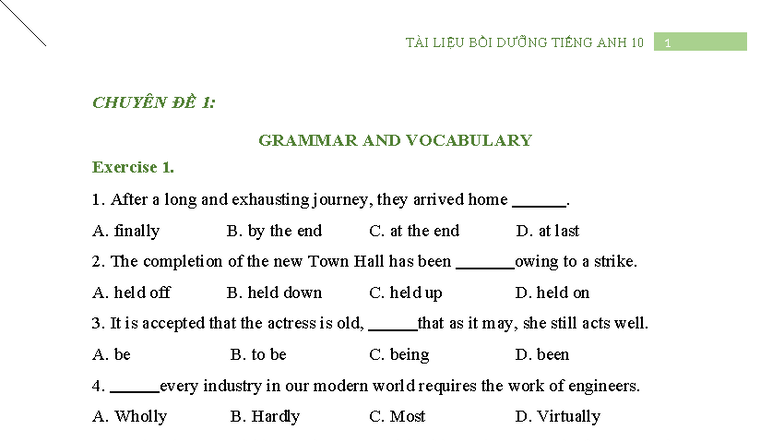 TÀI LIỆU BỒI DƯỠNG TIẾNG ANH 10: GRAMMAR & VOCABULARY EXERCISES - Studocu