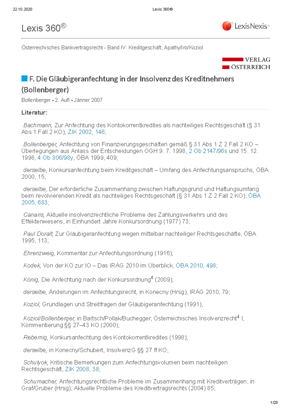 Glubigeranfechtung in der Insolvenz des Kreditnehmers - BVR2-Band IV -  Studocu