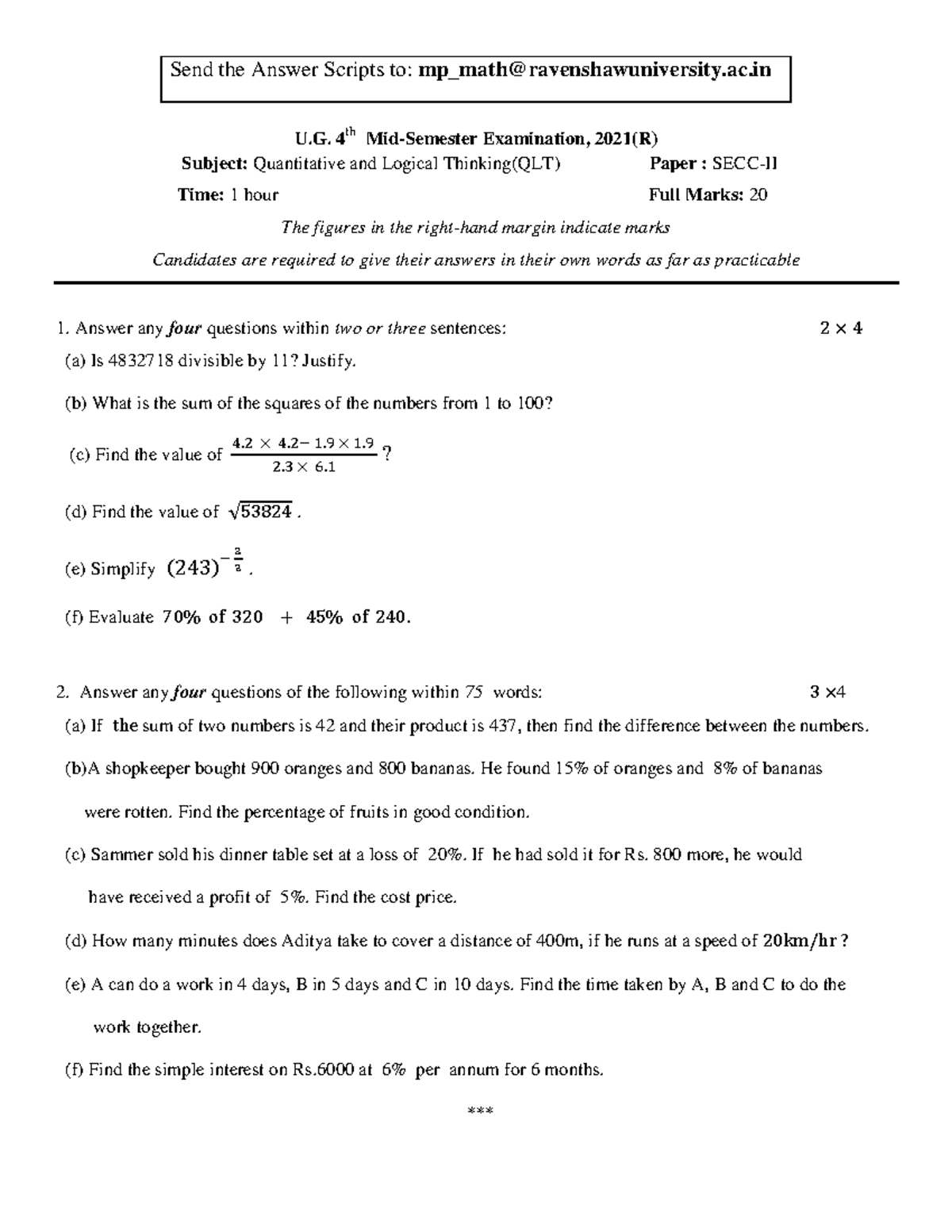 UG 4th Mid-Semester Exam SECC-II (QLT) 2021(R) Answer Scripts - Studocu