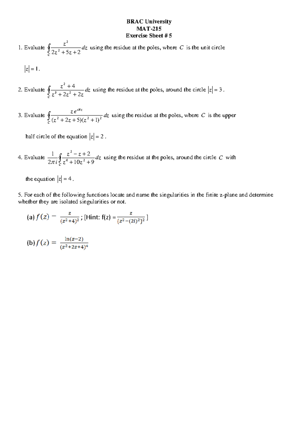 Exercise Sheet # 6 - BRAC University MAT- 215 Exercise Sheet # 5 ...