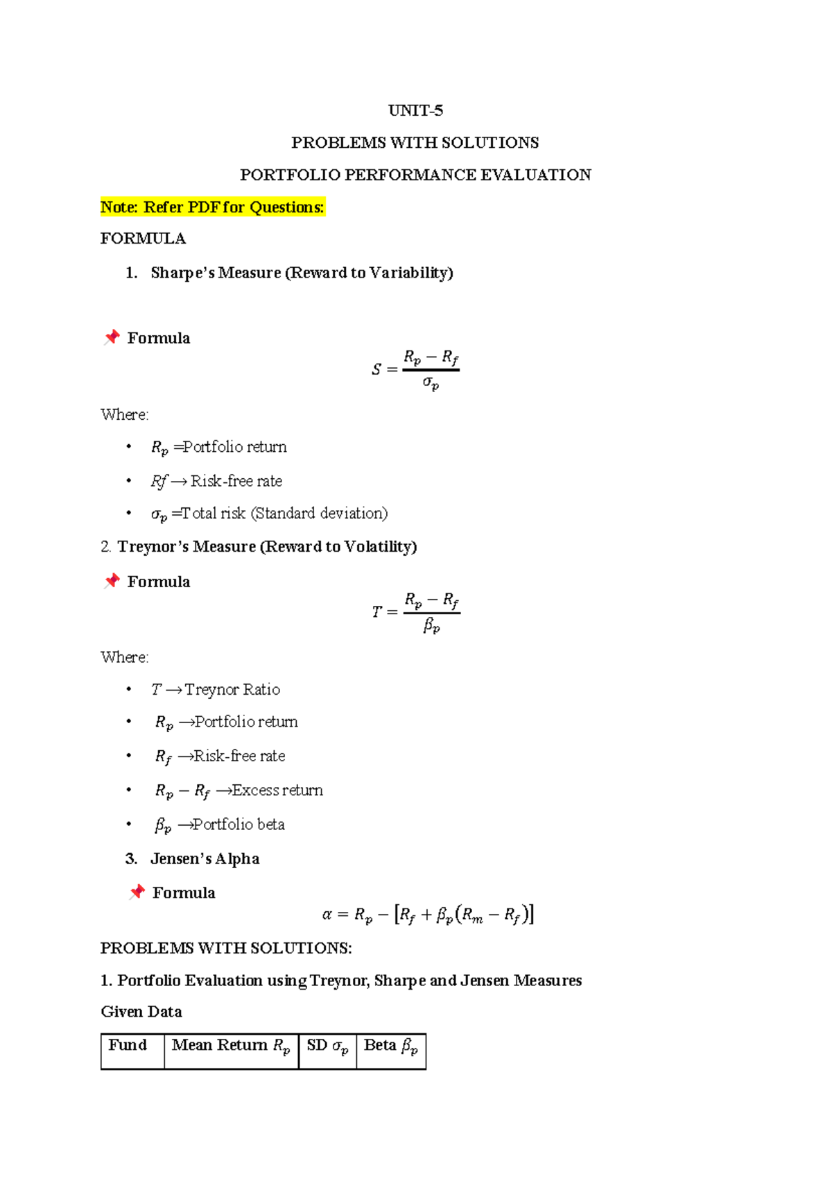 UNIT-5 Portfolio Performance Evaluation: Problems & Solutions - Studocu