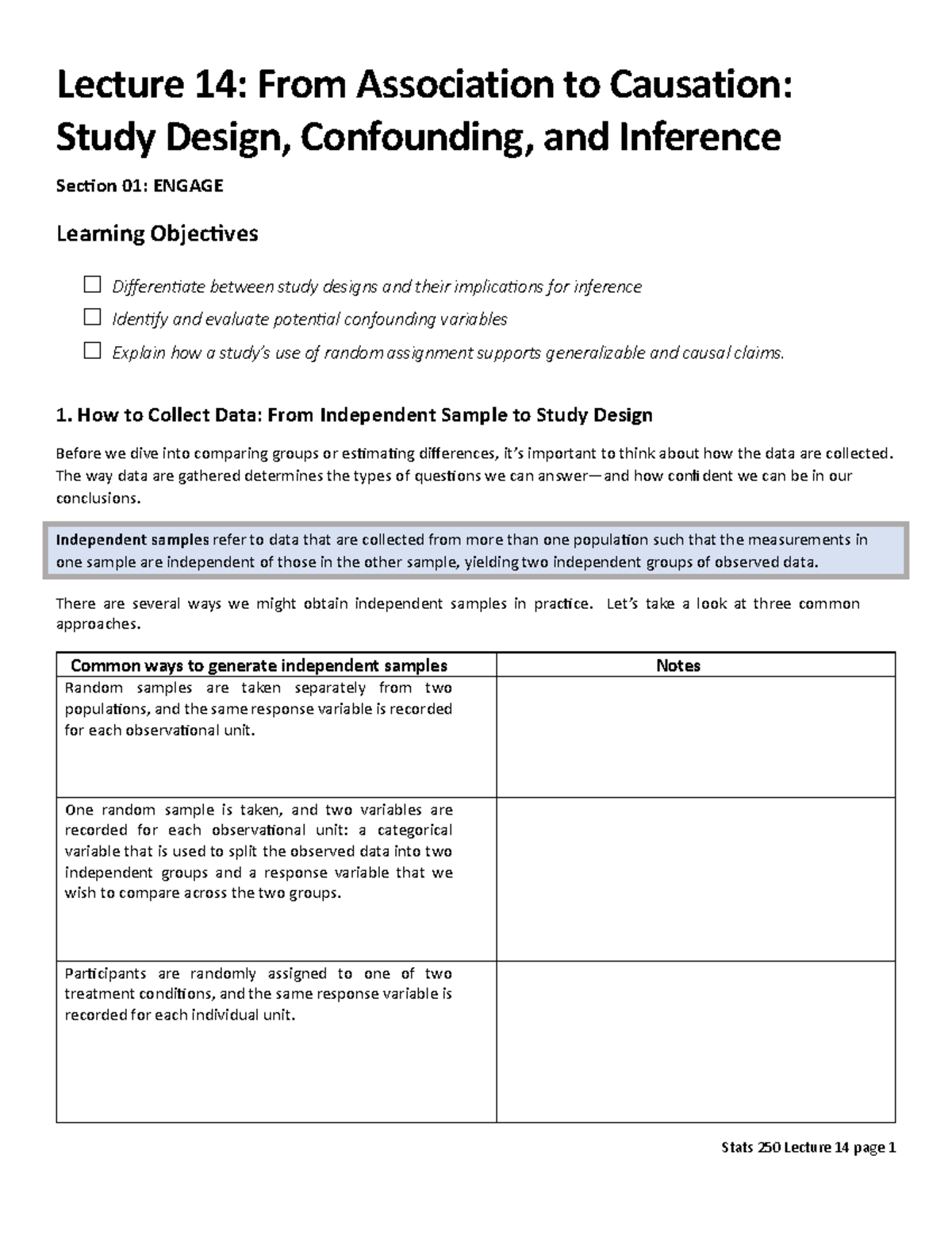 F25 Stats 250 Lecture 14 Notes: Study Design, Confounding, and ...