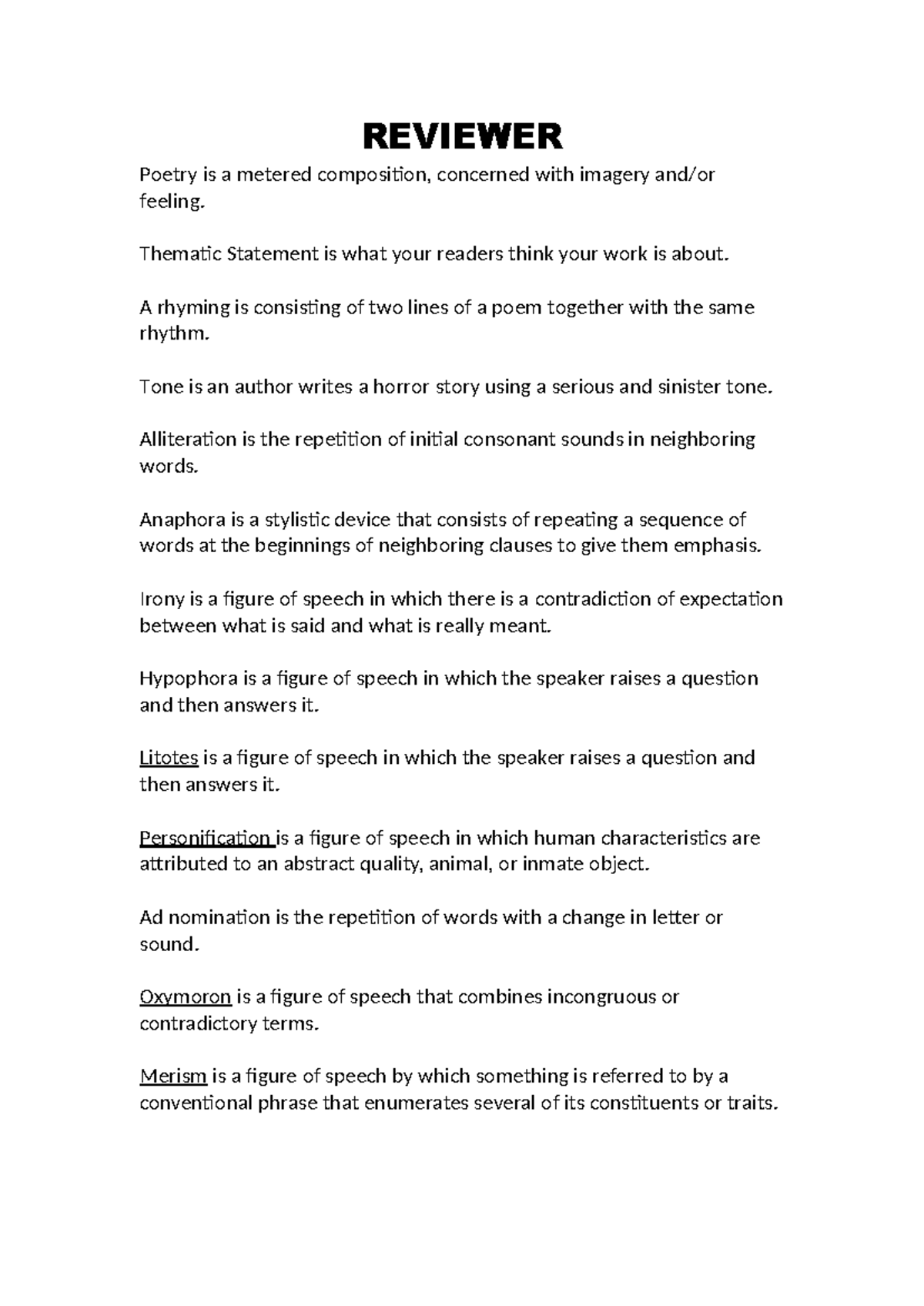 Creative Writing 12: Poetry Review and Key Concepts - Studocu