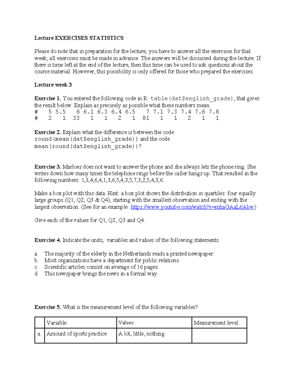 Lecture Exercises: Descriptive Statistics in Statistics (Week 3 ...