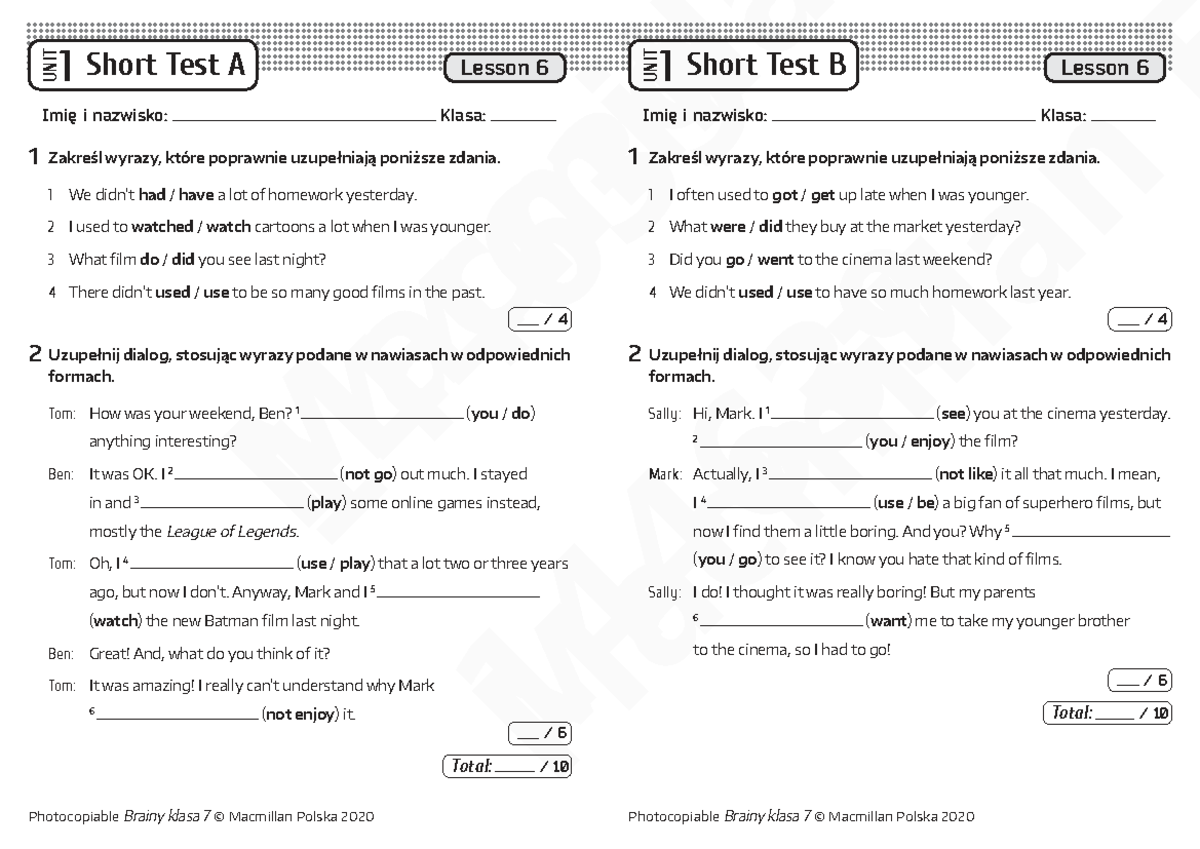 Brainy kl7 Short Tests: Unit 1 Lesson 6 Review - Studocu