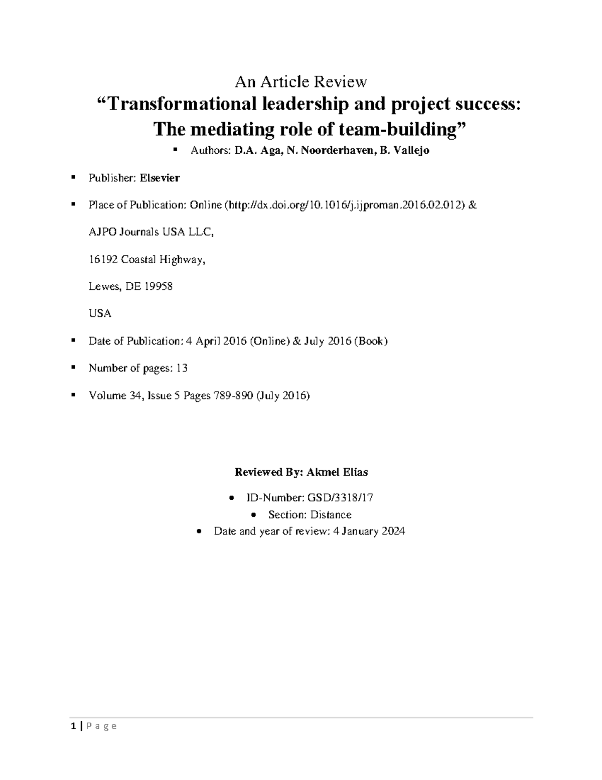GSD/3318: Article Review on Transformational Leadership & Project ...