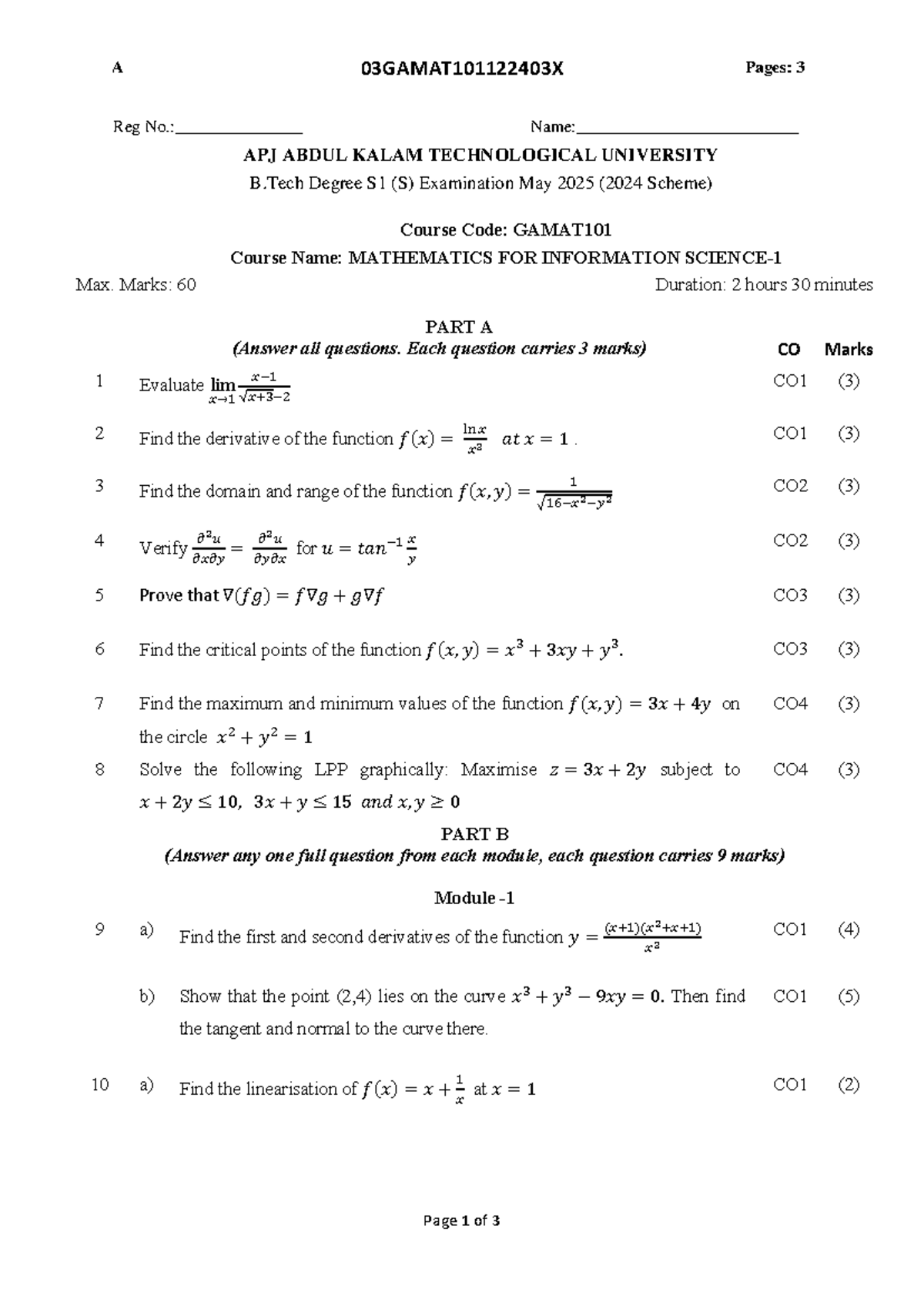03GAMAT101 May 2025 B.Tech Mathematics for Information Exam QP - Studocu
