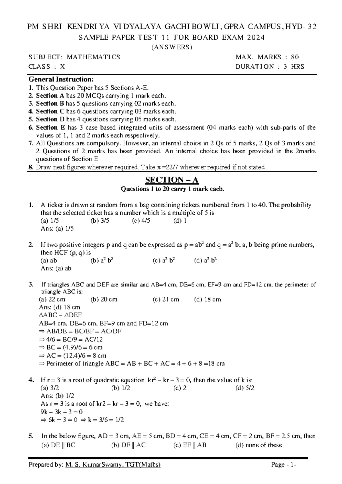 Maths Class X Sample Paper Test 11 for Board Exam 2024 (With Answers ...