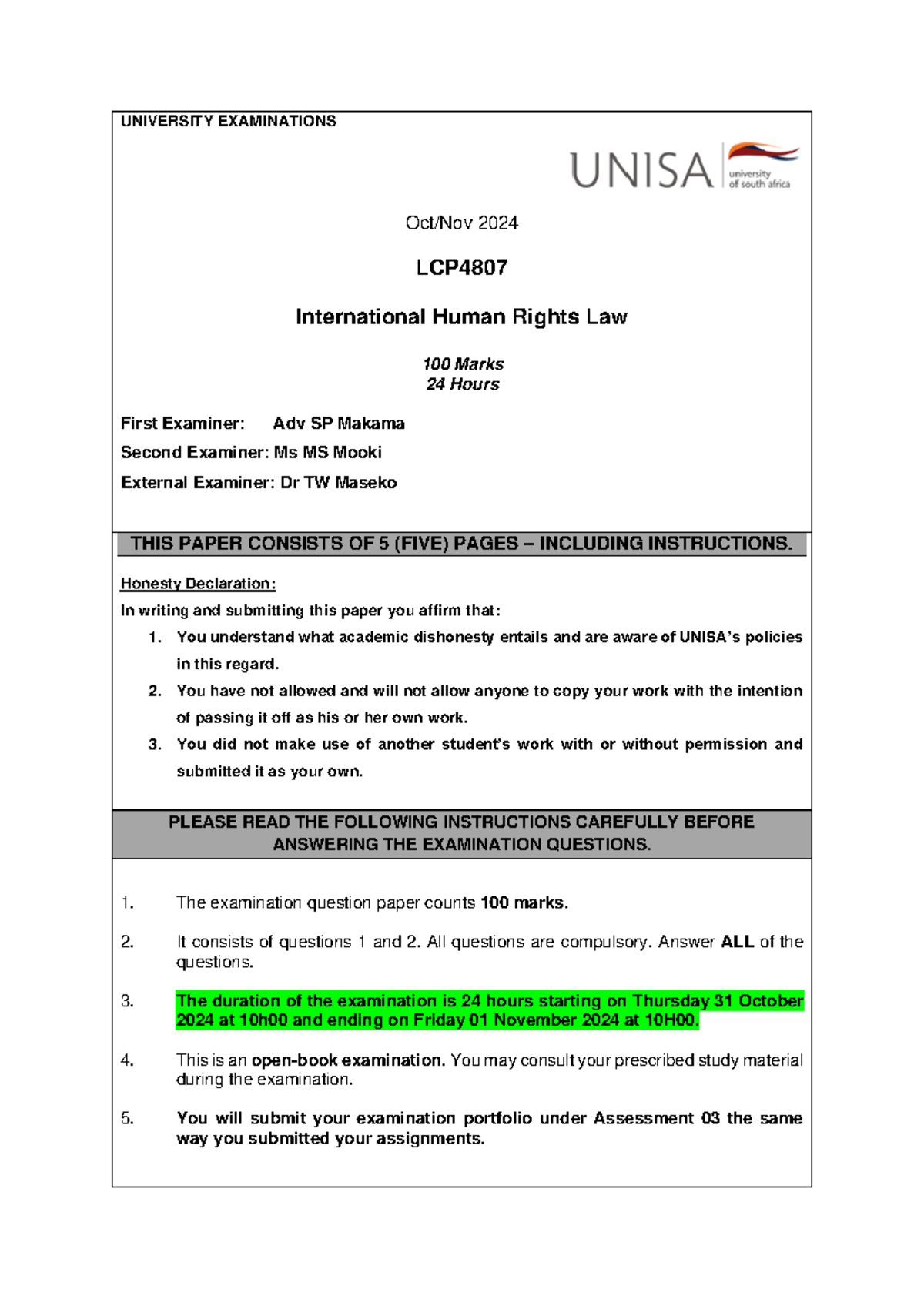 LCP4807 Oct/Nov 2024 - International Human Rights Law Exam Paper - Studocu