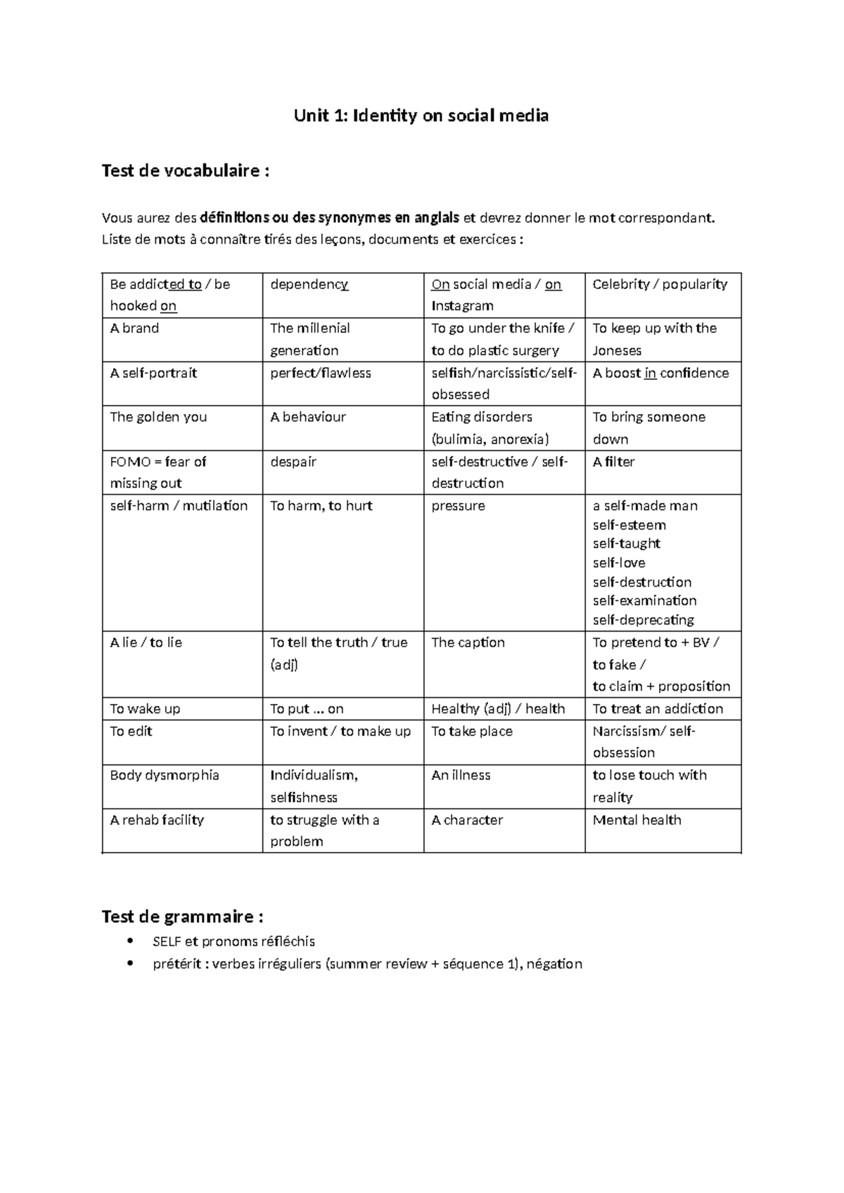 Unit 1: Social Media Identity Vocabulary Test (Vocab List) - Studocu