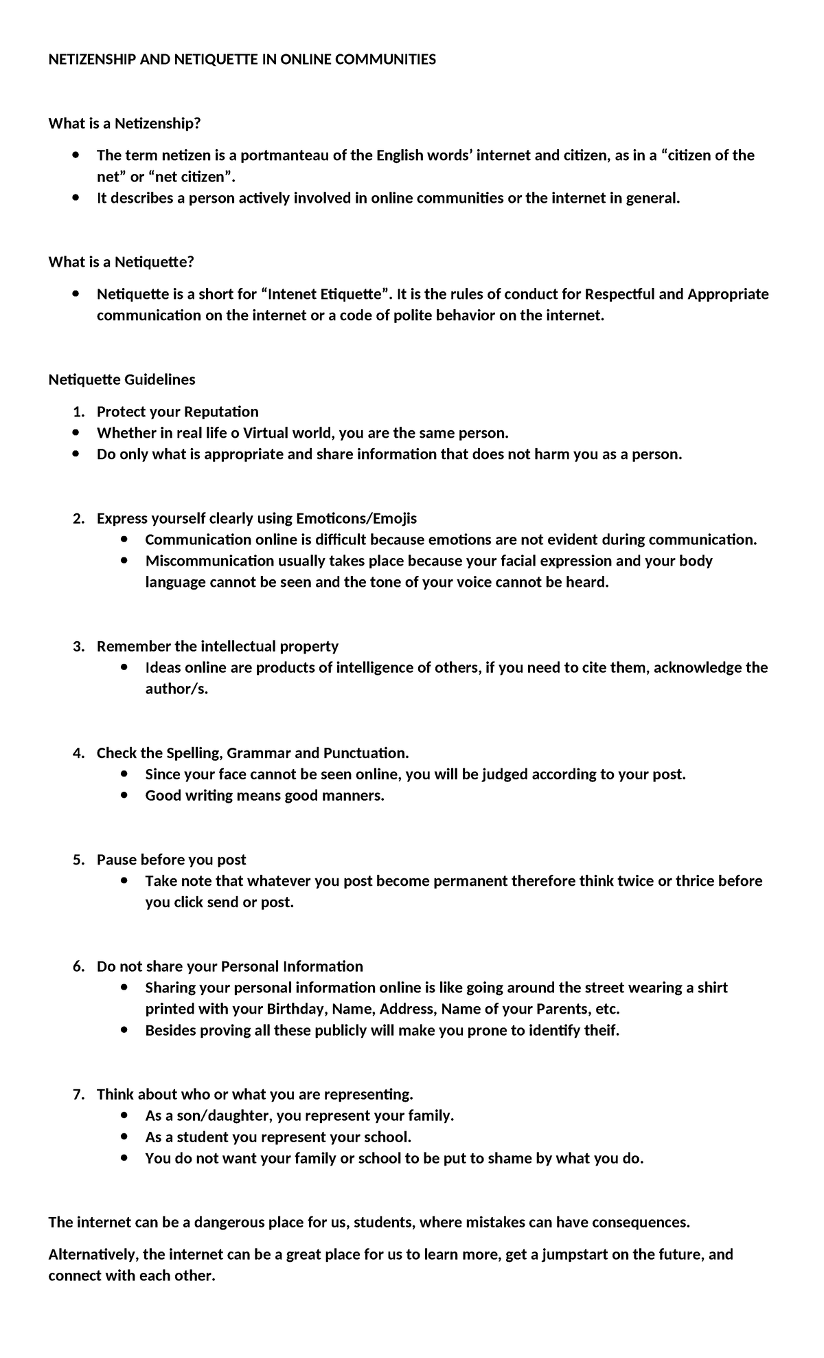 NET 101: Understanding Netizenship & Netiquette Guidelines - Studocu
