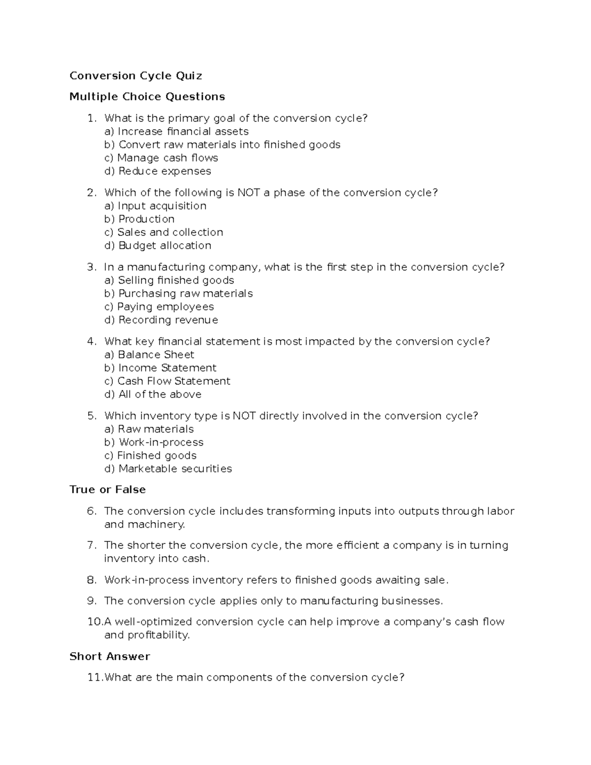 Conversion Cycle Quiz: Key Concepts & Questions - Studocu