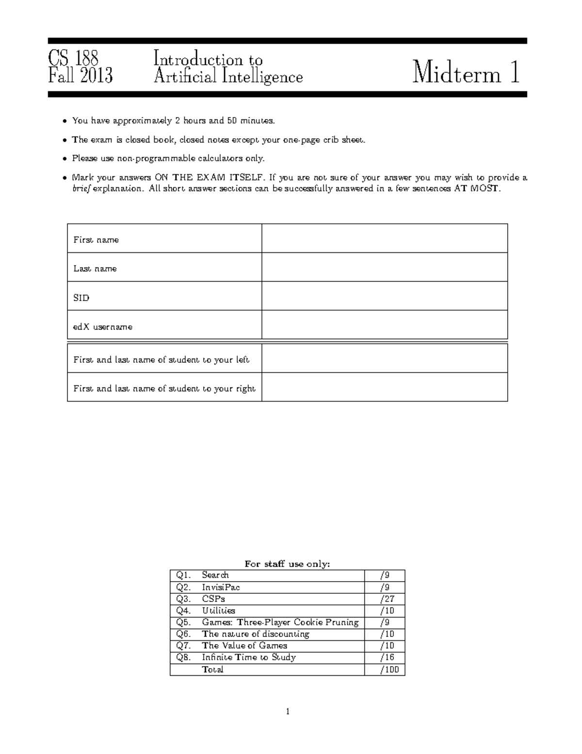 CS 188 Fall 2013 Midterm 1 Solutions and Explanations - Studocu