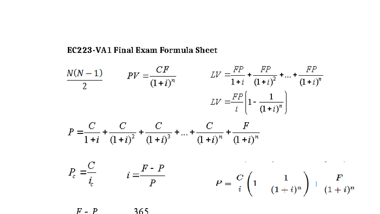 EC223-VA1 Final Exam Formula Sheet F2025 - Studocu