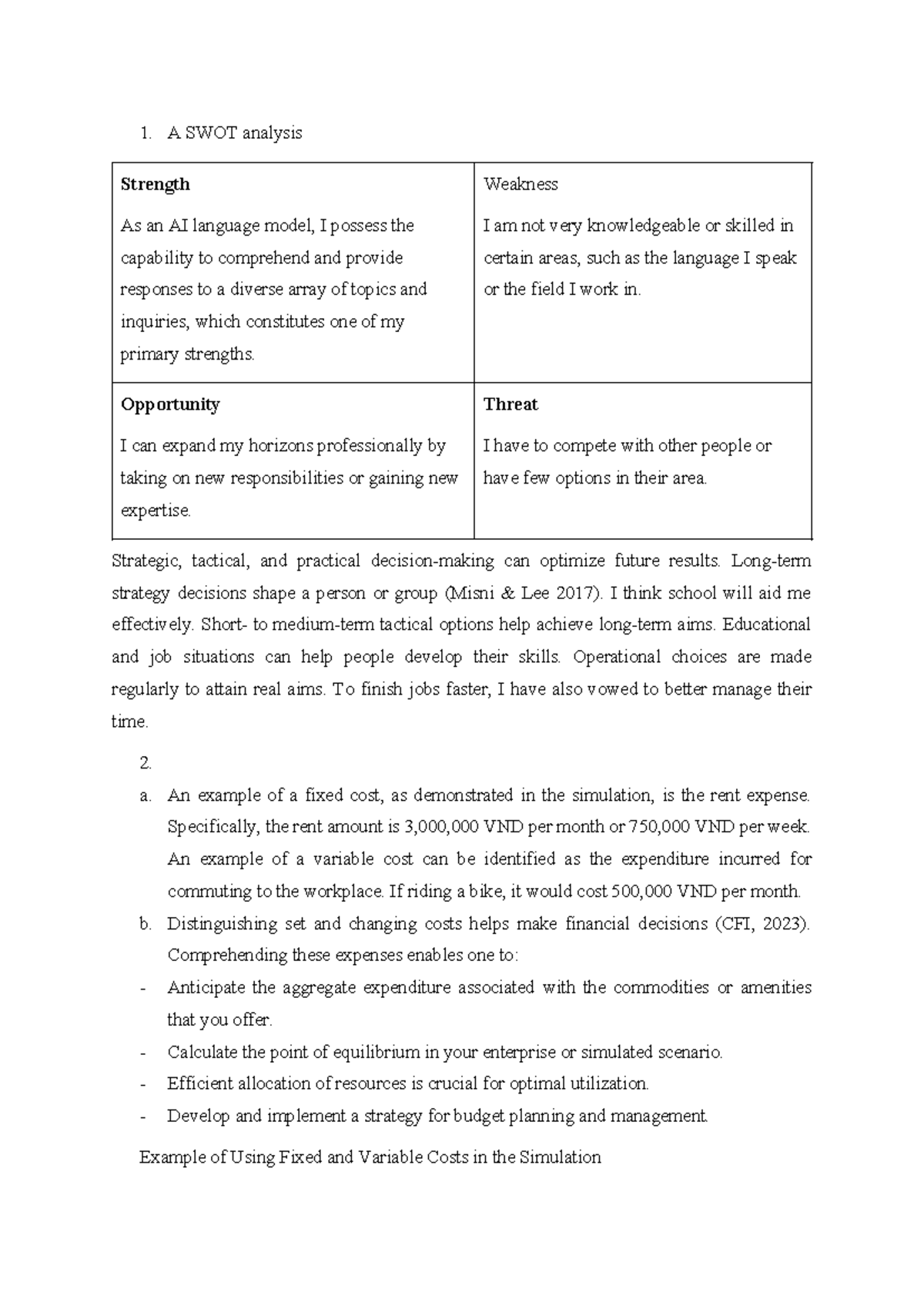 SWOT Analysis and Cost Management Strategies - Course Code: ABCD - Studocu