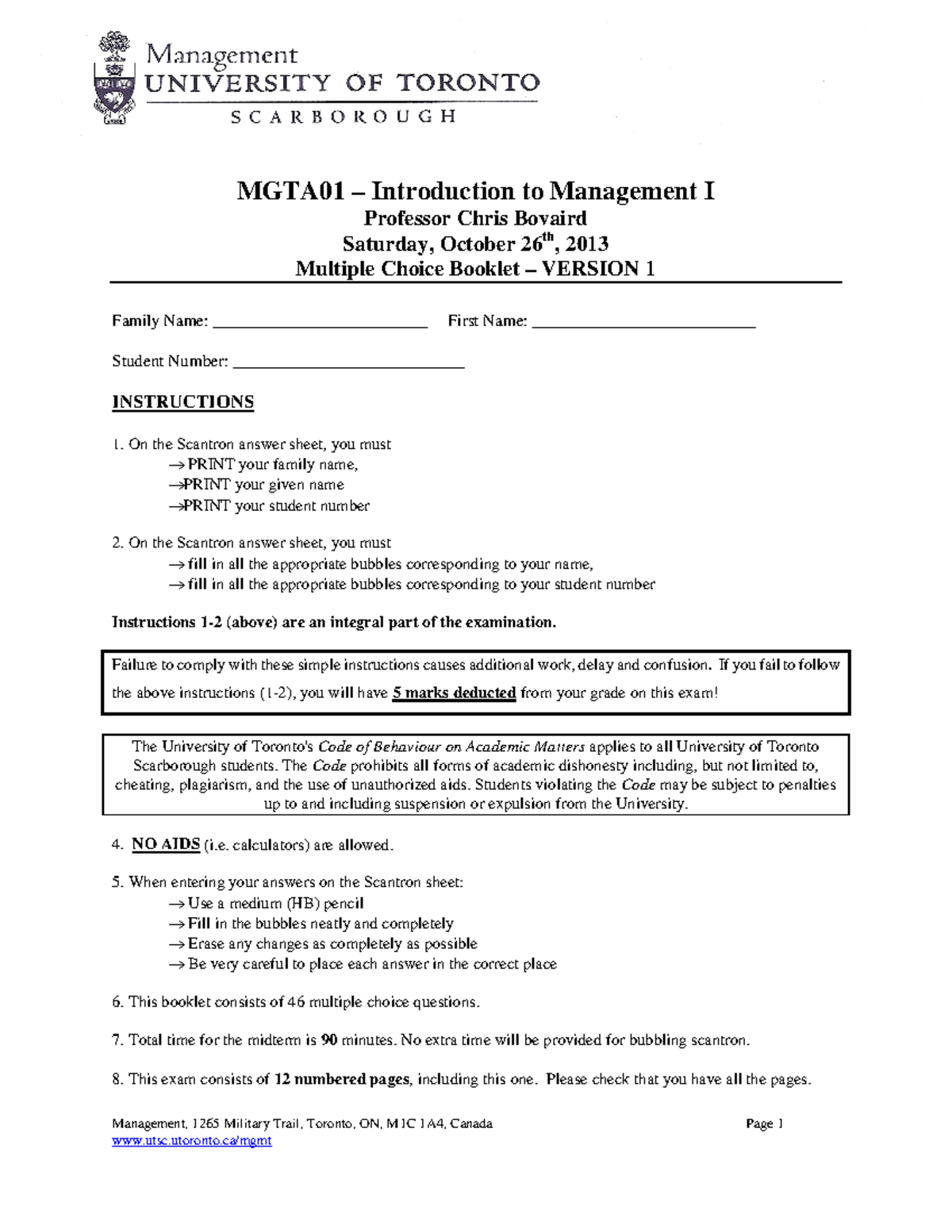 MGTA01 Midterm Exam MCQ Version 1 Answer Key and Guidelines - Studocu