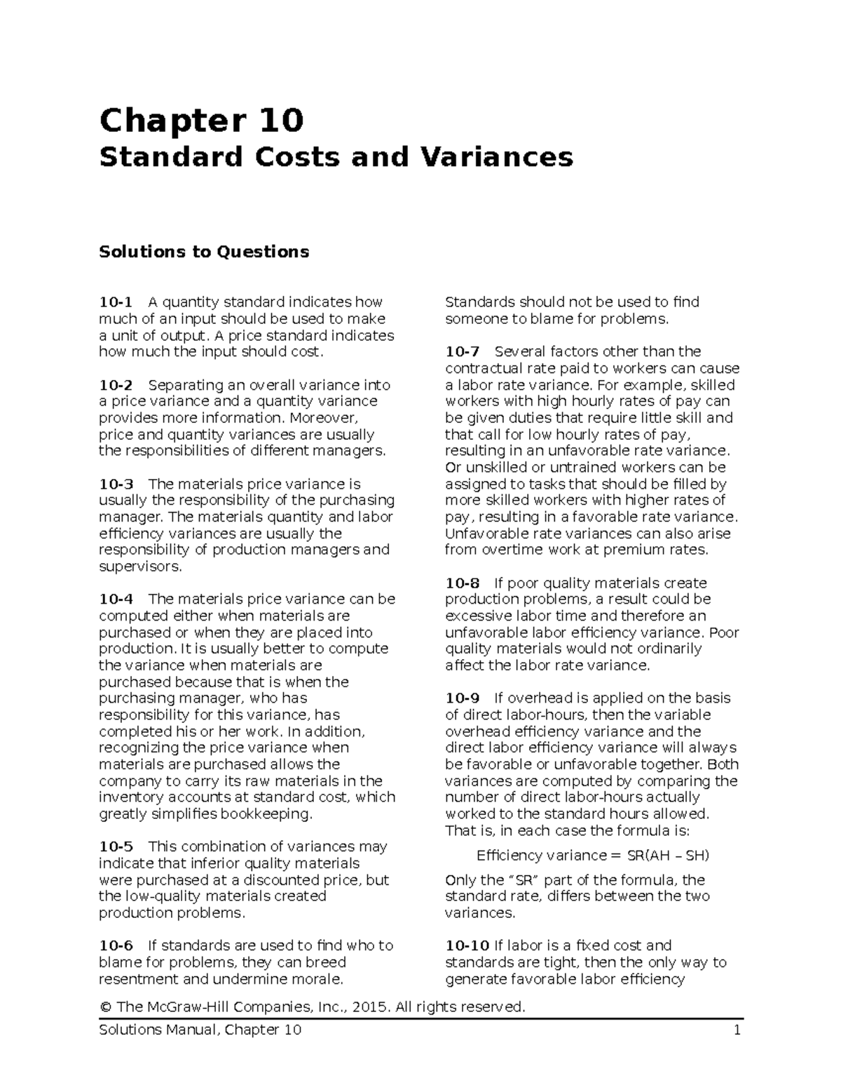 SMChap 010 - Solutions Manual on Standard Costs & Variances - Studocu