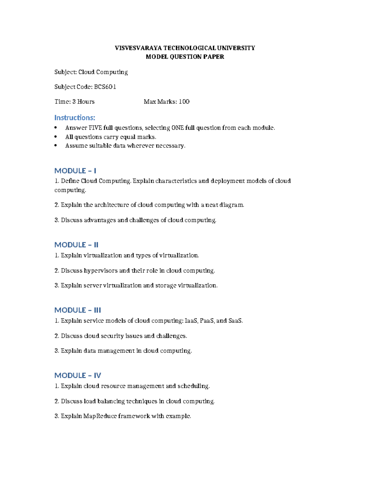 BCS601 Cloud Computing Model Question Paper with Key Topics - Studocu