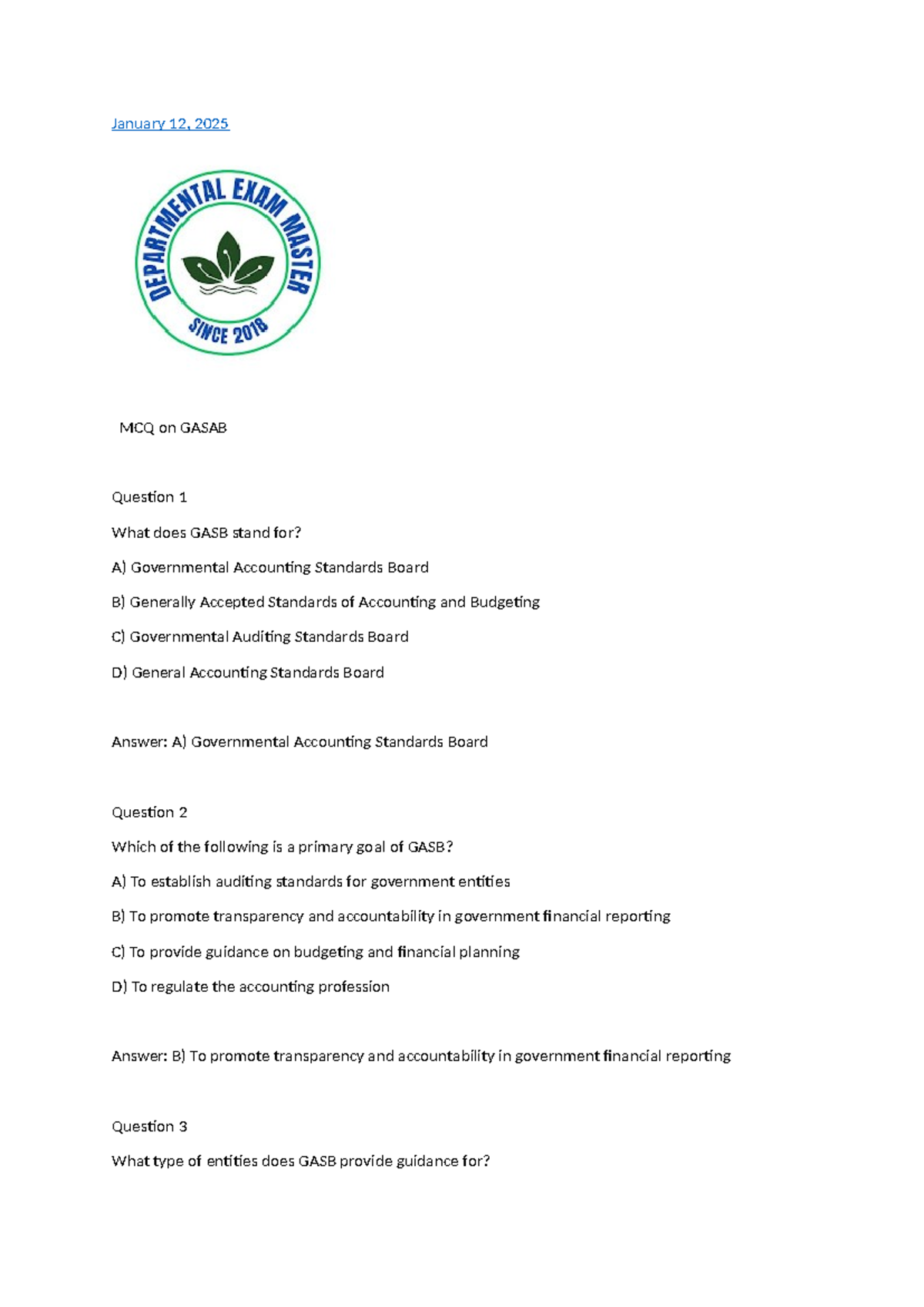 MCQ on GASAB - Governmental Accounting Standards (GASB) - Studocu