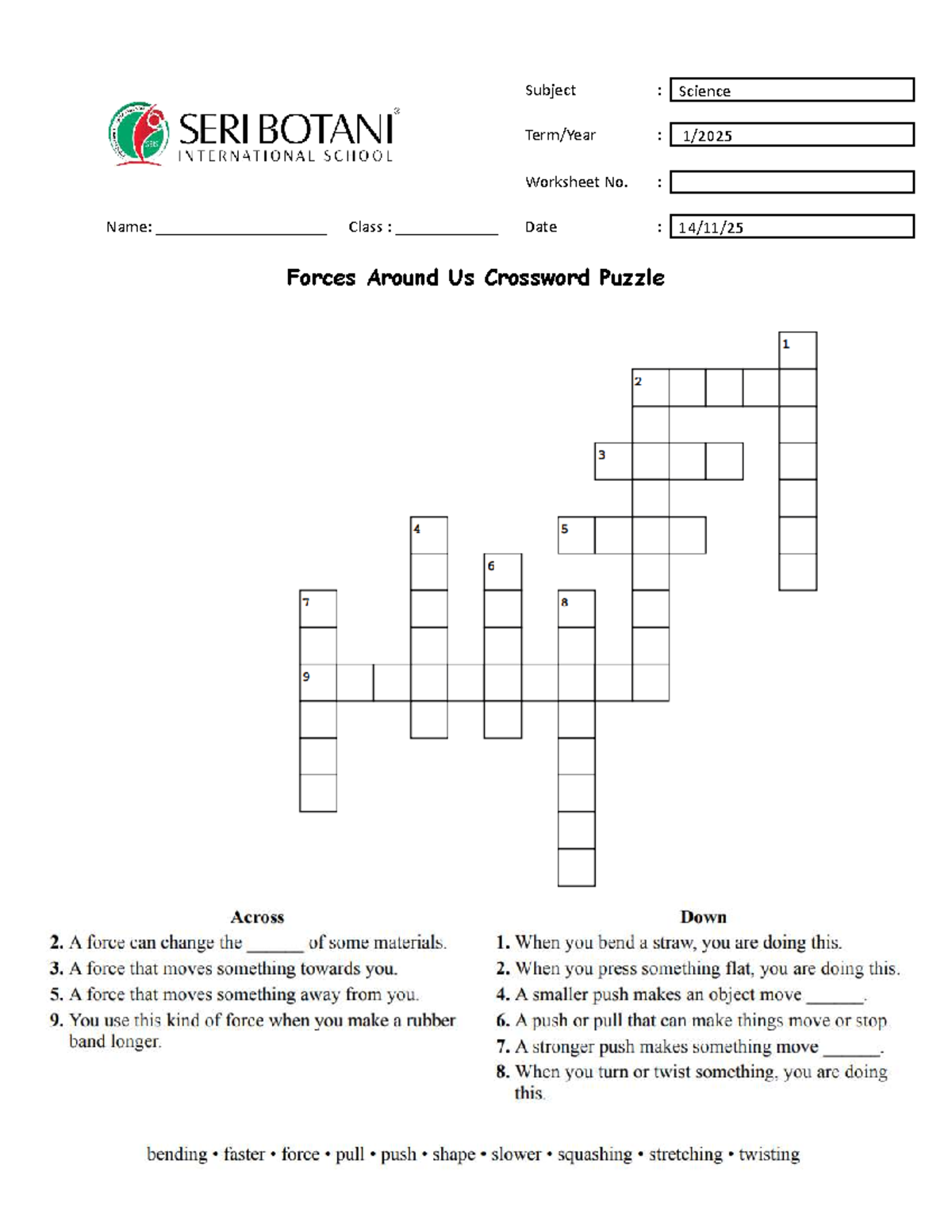 Forces Around Us Crossword Puzzle - Science Worksheet - Studocu