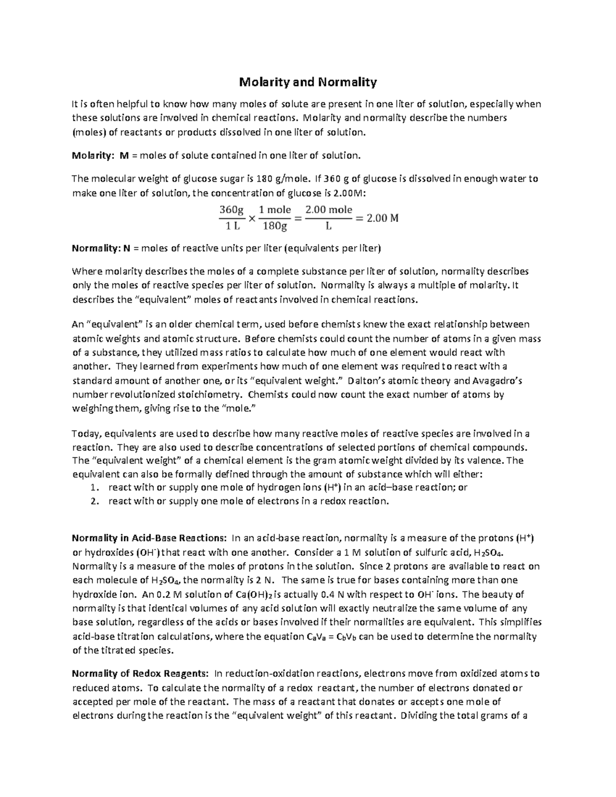 Chem 2990 Final Exam Notes: Molarity vs Normality Explained - Studocu