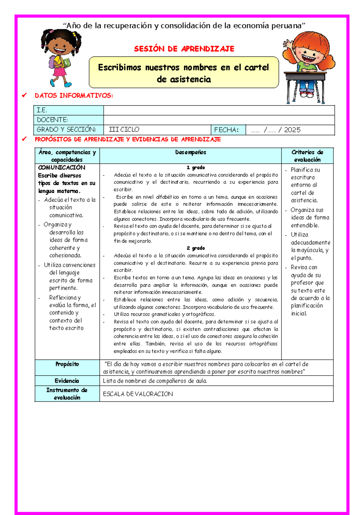 U0 S2 Sesión D3: Escribiendo Nombres en el Cartel de Asistencia - Studocu