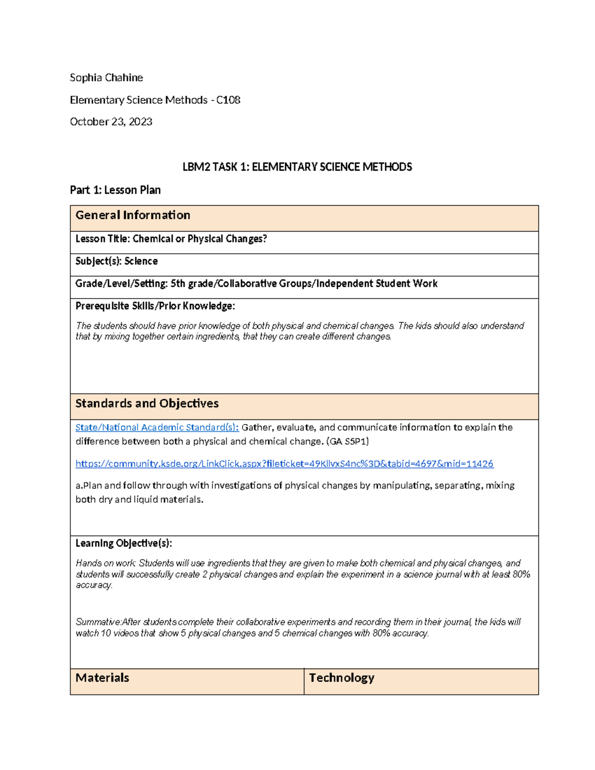 C108 Task 1 - Chemical vs Physical Changes Lesson Plan - Studocu