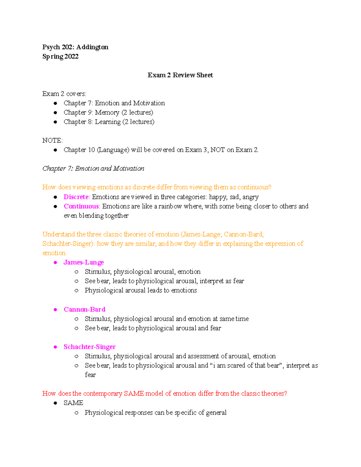 Psych 202 Midterm 2 Review: Emotions, Memory, and Learning Concepts ...