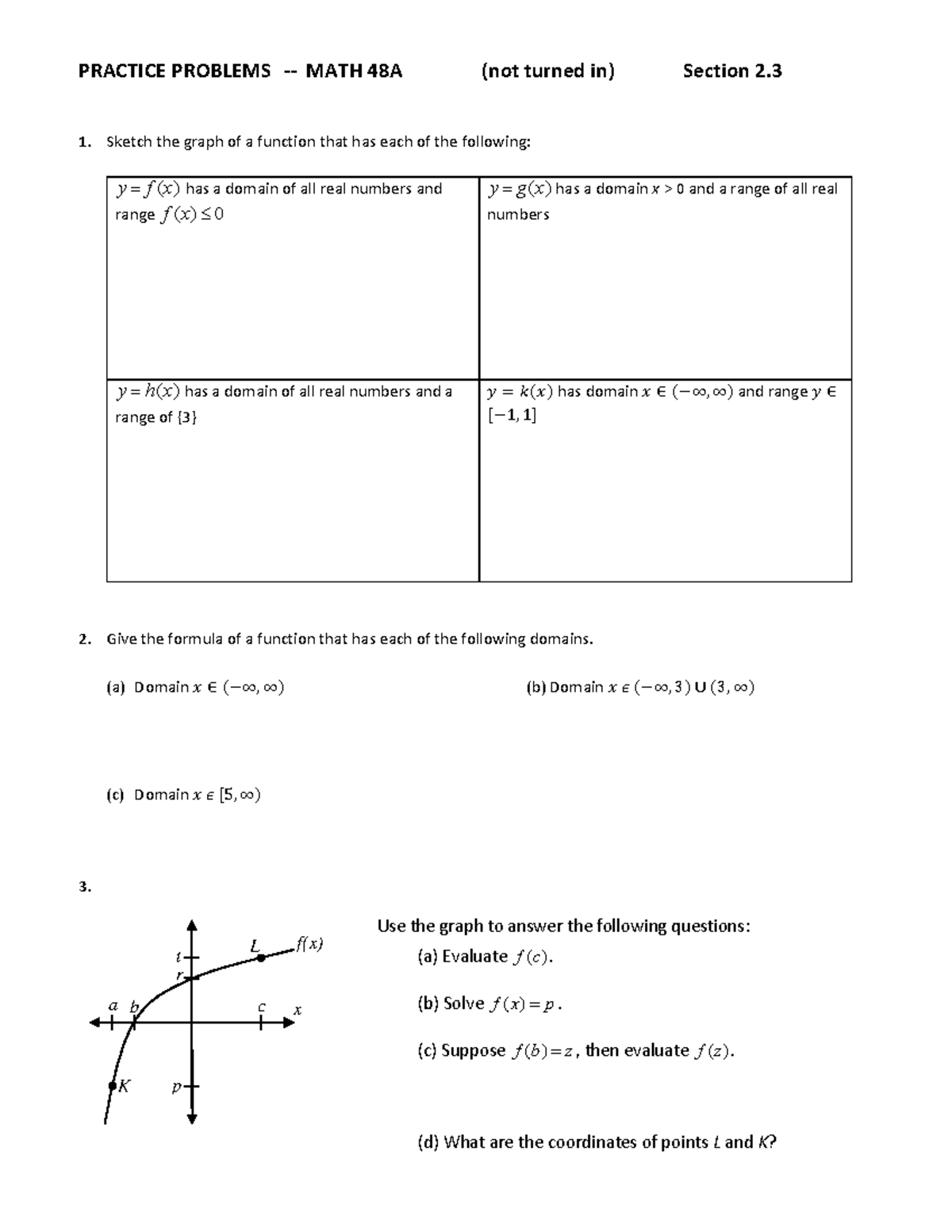 Practice Problems for Functions - MATH 48A (Section 2.3) - Studocu