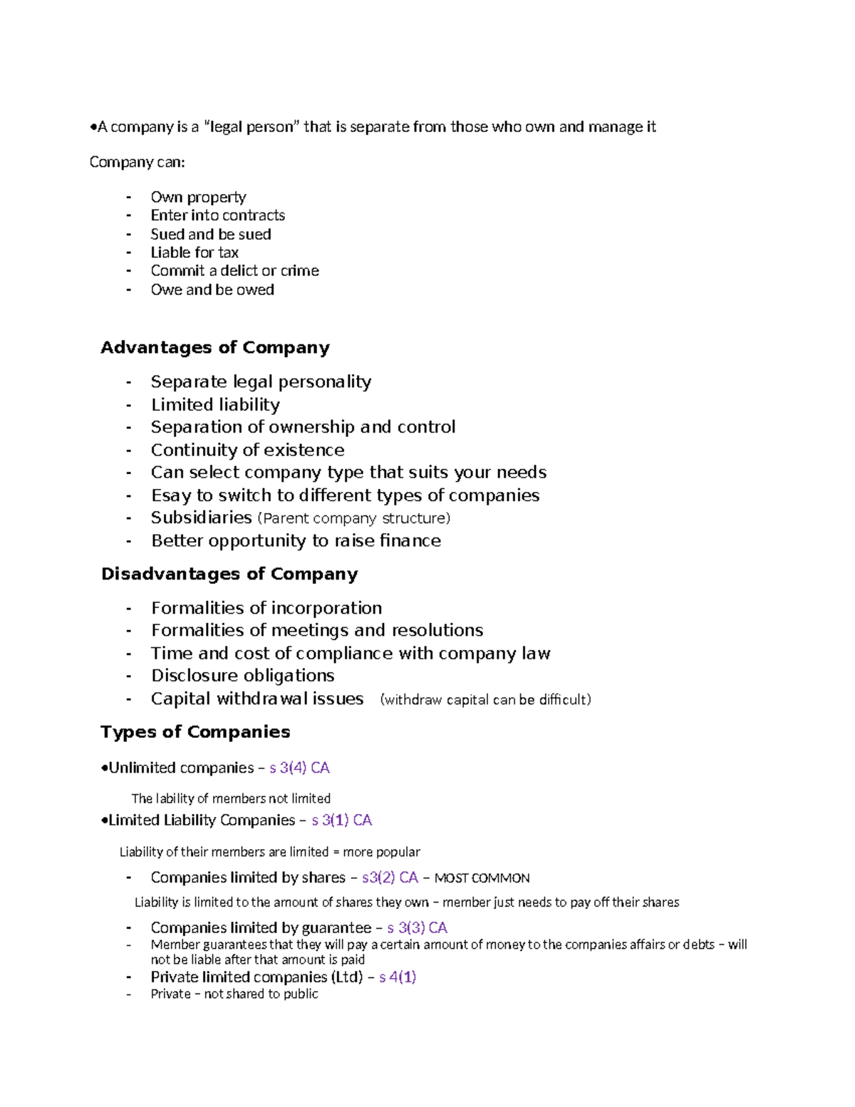 Company Law - Exam Notes (Final Exam) - Studocu
