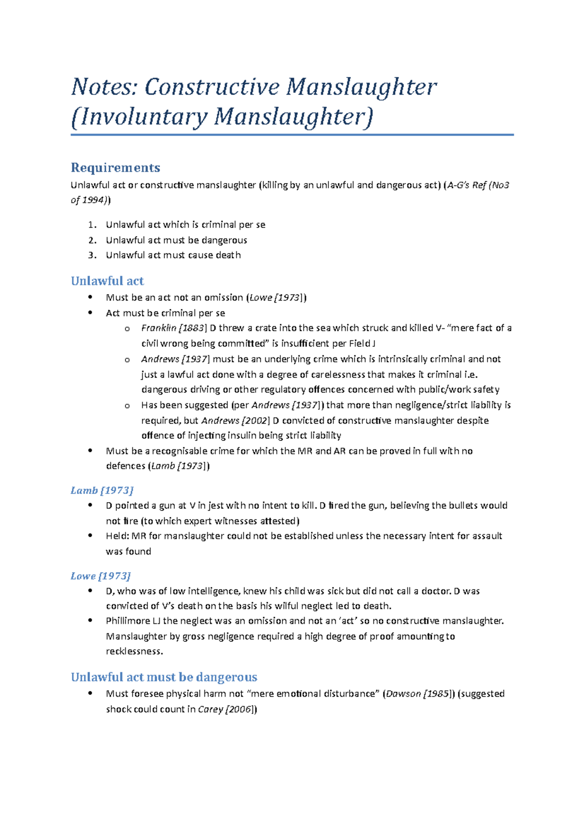 Notes Constructive Manslaughter (Involuntary Manslaughter) Part 2 ...