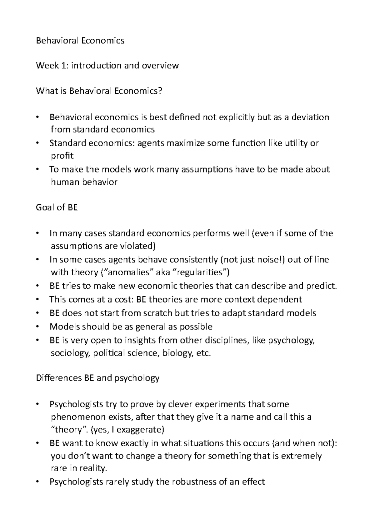 Behavioral Economics Lecture Notes - Week 1 Overview - Studeersnel