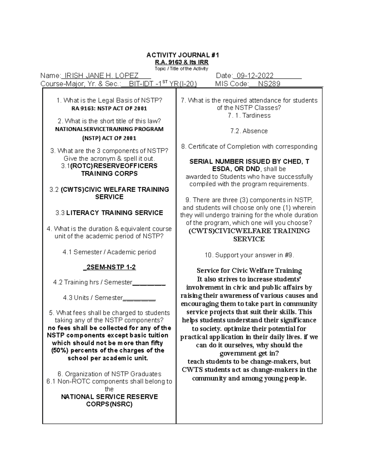 Activity Journal - NSTP Overview (R.A. 9163, BIT-IDT 1st Year) - Studocu