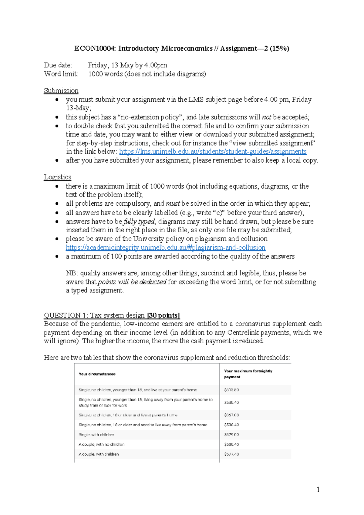 Assignment 2 Questions and Instructions - 1 ECON10004: Introductory ...